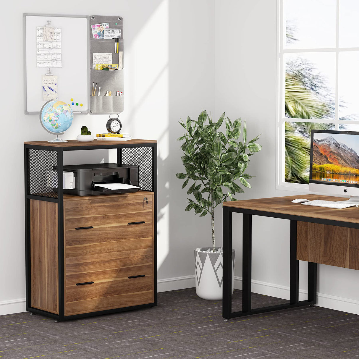 Tribesigns 2 Drawer Lateral File Cabinet with Lock, Letter/Legal / A4 Size, Large Rustic Filing Cabinet Printer Stand with Metal Wire Open Storage Shelves for Home Office (Walnut) Tribesigns