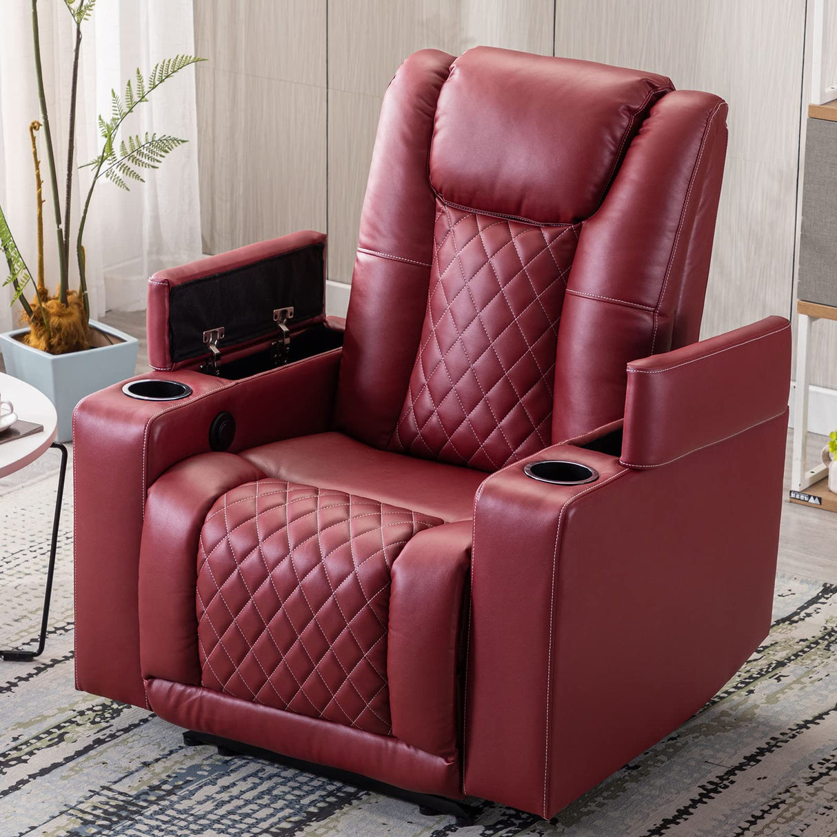 ANJ Electric Power Recliner Chair Soft Leather Reclining with USB Ports and Cup Holders, Red Home Theater Seating with Hidden Arm Storage Movie & Media Room Chairs ANJ
