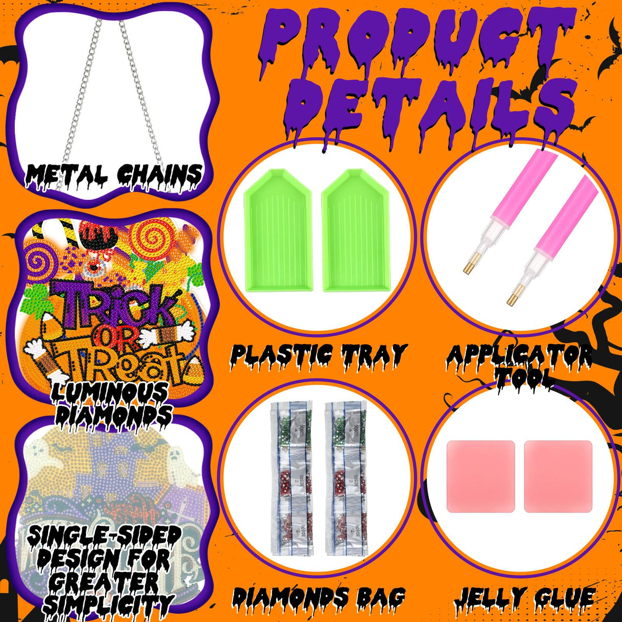 Chiisong 6 Pcs Halloween Diamond Art Painting Kits Hanging Sign Set Witch Pumpkin Gnome Glow in The Dark Diamond Art Painting Kits Halloween Hanger Adult 5d DIY Craft for Wall Door Window Porch Decor Chiisong