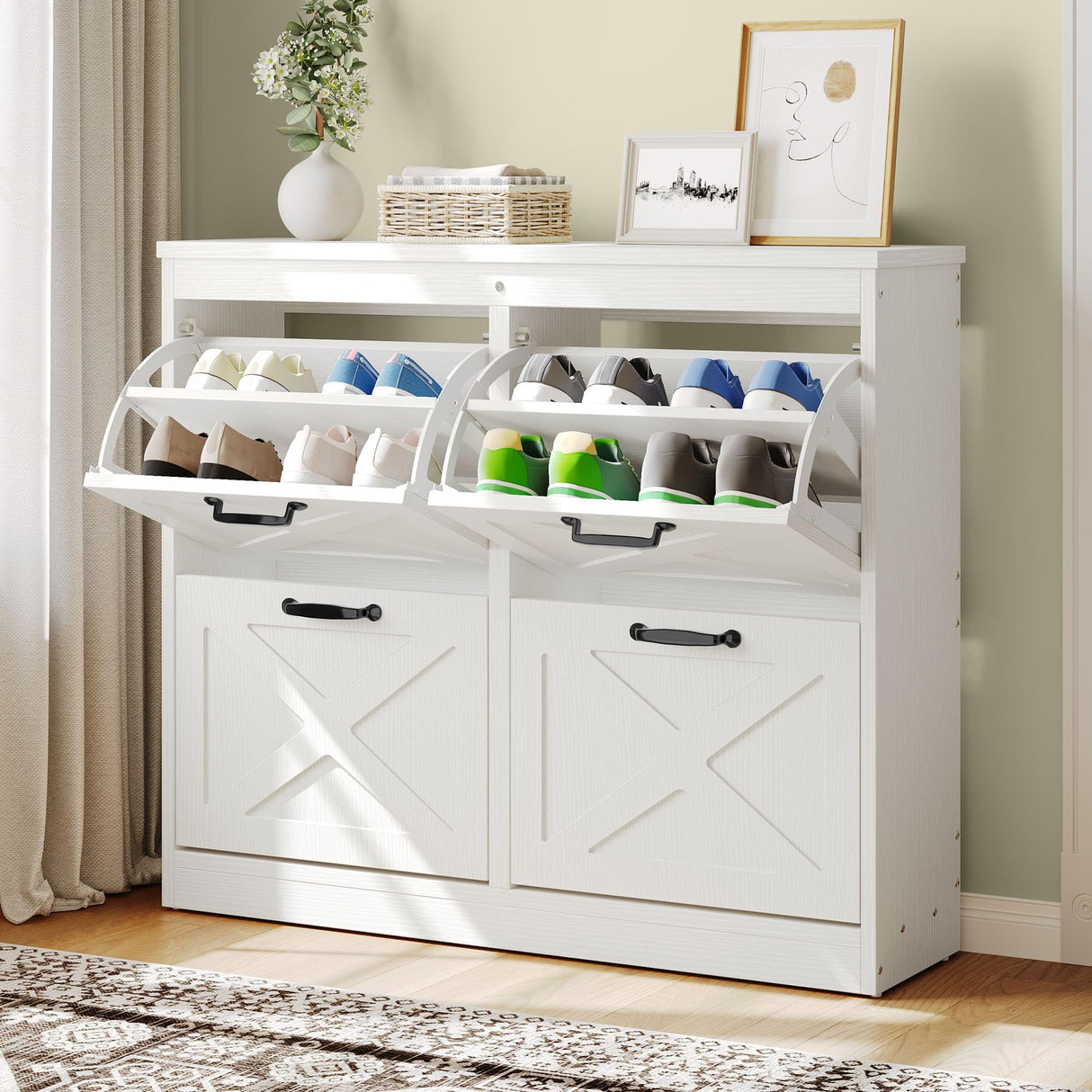 YITAHOME Shoe Cabinet with 4 Flip Drawers, Freestanding Shoe Rack, Shoe Organizer, Narrow Shoe Cabinet for EntryWay Hallway Living Room, White YITAHOME