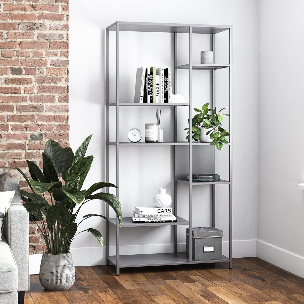 6-Tier Metal Bookcase & Room Divider, 72.83" Tall Narrow Bookshelf for Small Spaces, Open Shelf Storage Unit for Living Room, Office, Bedroom, Industrial Gray WoodArtSupply