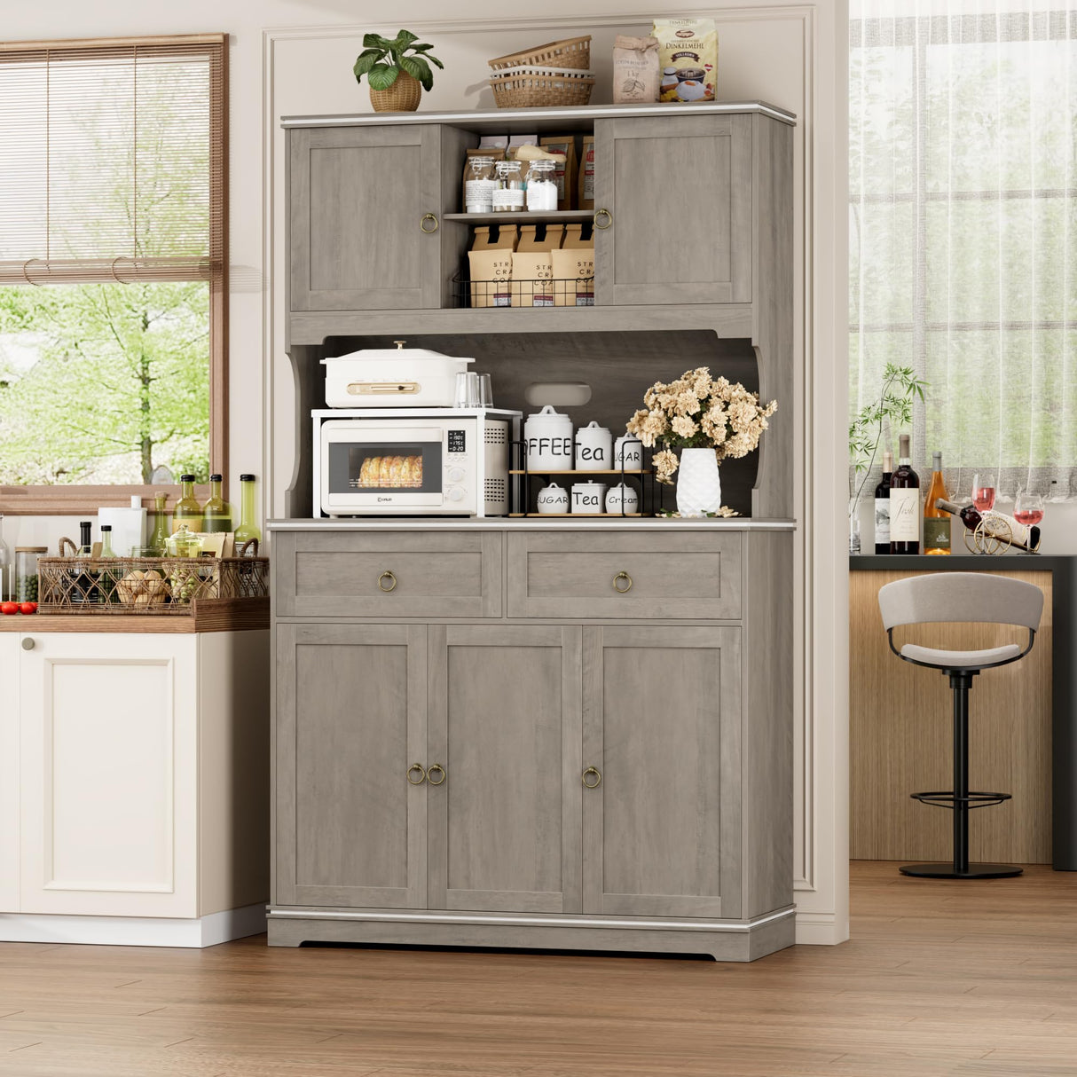 HOSTACK 71" Tall Pantry Cabinet with Power Outlets, Kitchen Pantry Storage Cabinet with Microwave Stand, Farmhouse Kitchen Hutch with Drawers, Food Pantry Large Cupboard for Dining Room, Ash Grey HOSTACK