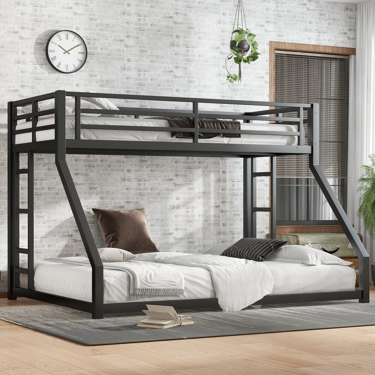 LUMISOL Metal Twin XL Over Queen Bunk Bed, Metal Bunk Bed Frame, Floor Low Bunk Bed for Kids Bedroom Guestroom, Noise Free, No Box Spring Needed, Black LUMISOL