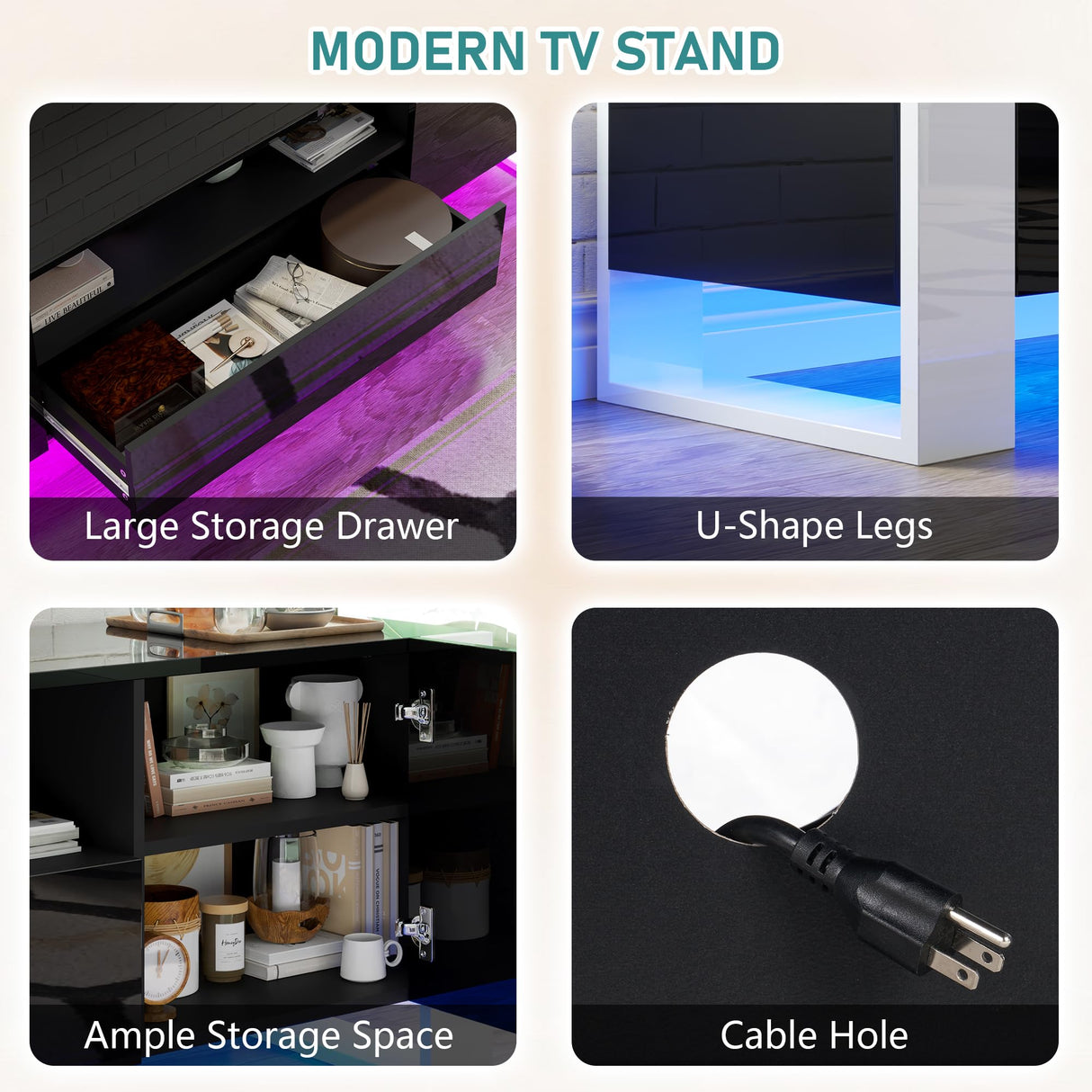 VanAcc 70" High Gloss TV Stand with Storage for Living Room, LED Entertainment Center for Bedroom, Wood U-Shaped Legs TV Cabinet for 80 Inch TV,Black VanAcc