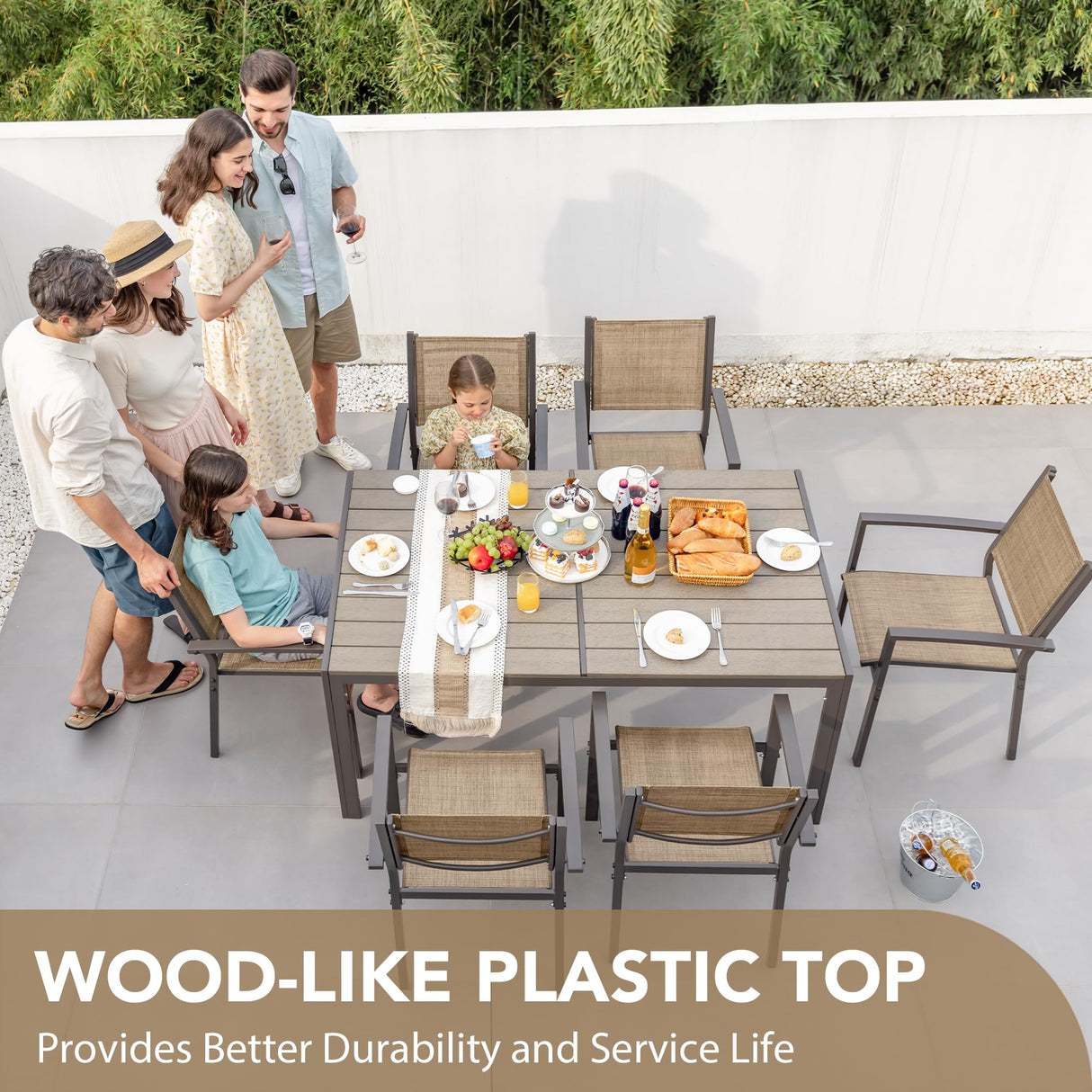 Devoko Patio Dining Set 7 Piece Outdoor Furniture with Rectangular Table and 6 Stackable Chairs Family Conversation Set for Garden Backyard Deck (Brown) Devoko