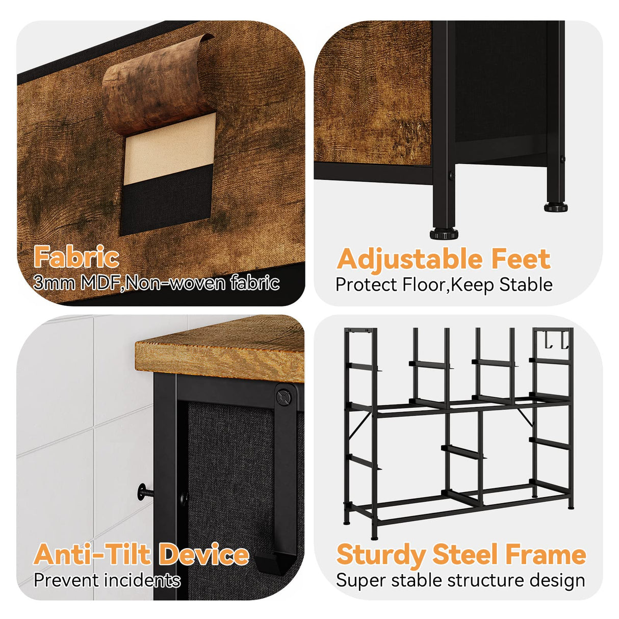 Dresser for Bedroom, 10 Drawers Fabric Storage Drawer, Dressers & Chest of Drawers with Side Pockets, Hooks, Wood Tabletop for Closet, Living Room, Hallway (Rustic Brown) Jojoka