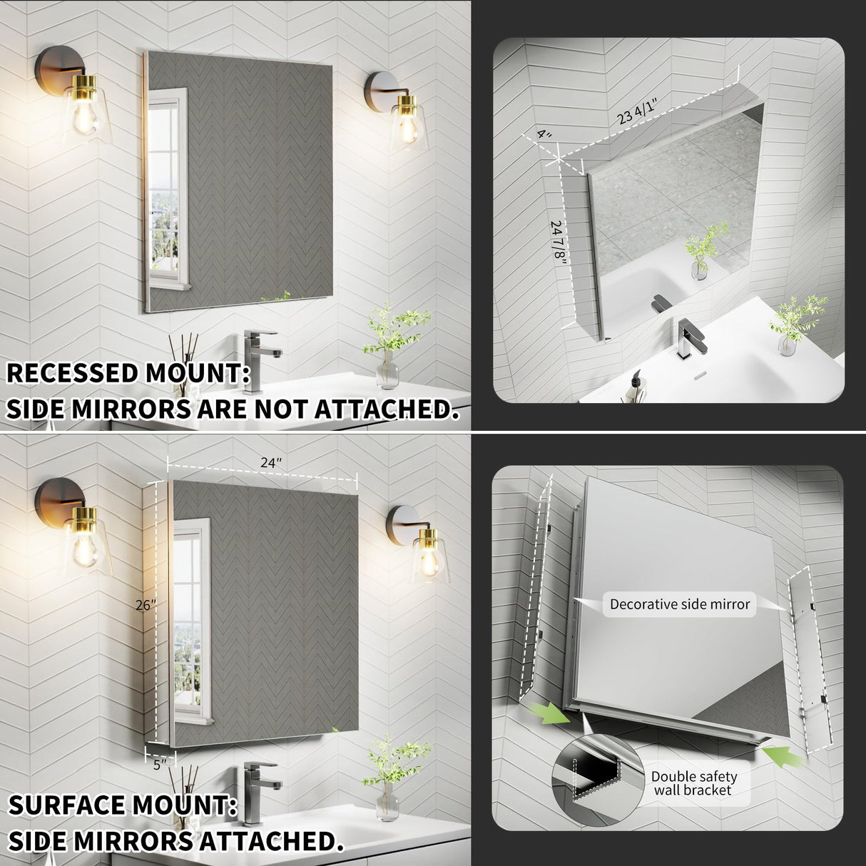 AZDHOME 24x26 Aluminum Alloy Frame Bathroom Medicine Cabinet Mirror,Recessed or Surface Mounted,Reversible L/R Door,Adjustable Shelves,Assembly Required AZDHOME