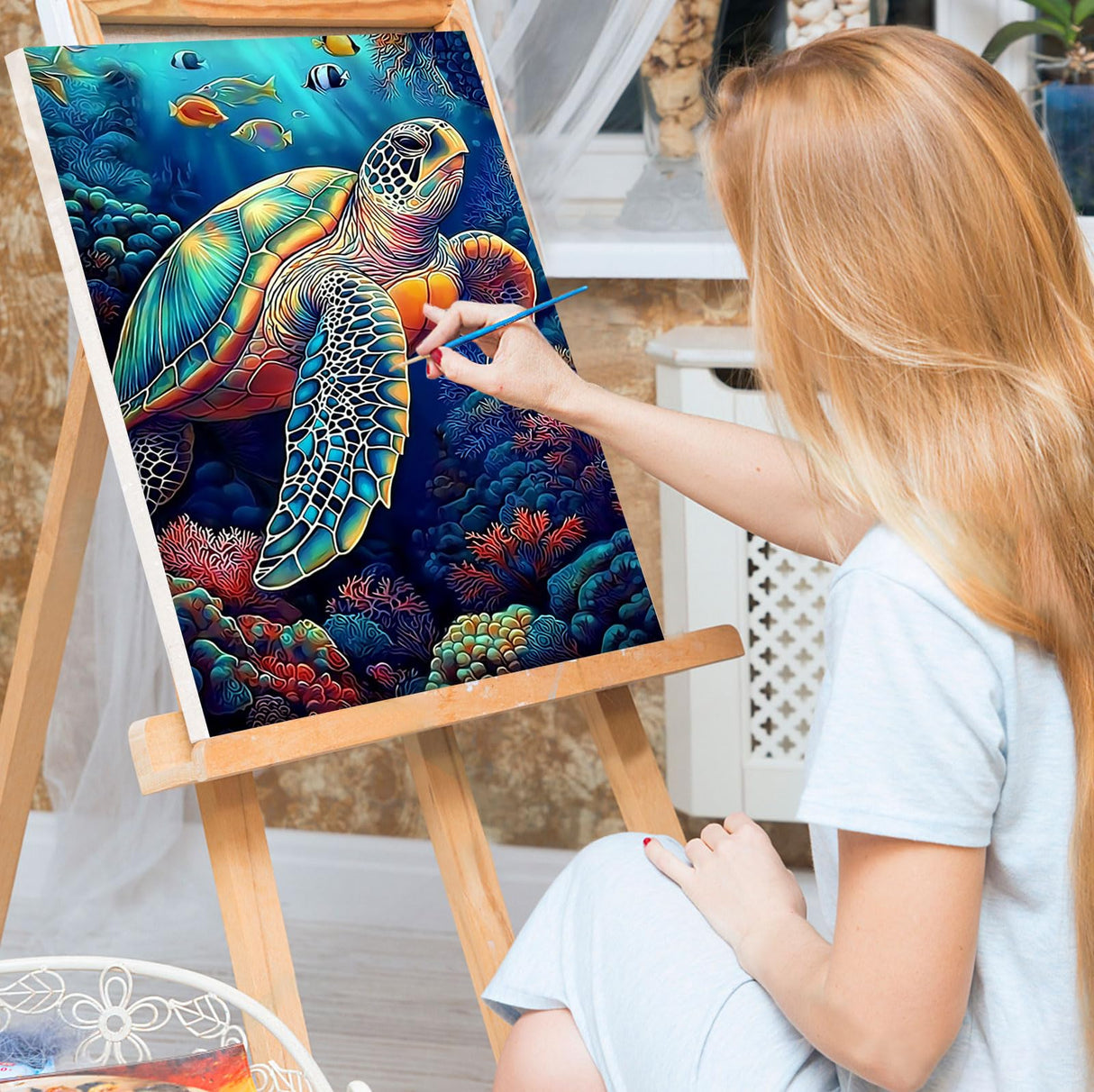 Bowetile Framed Paint by Numbers Sea Turtle for Adults Beginners, Adults' Paint-by-Number Kits, Easy Adult Paint by Number Kits on Canvas, Acrylic Animals Number Painting for Home Decor, 8x12in Bowetile