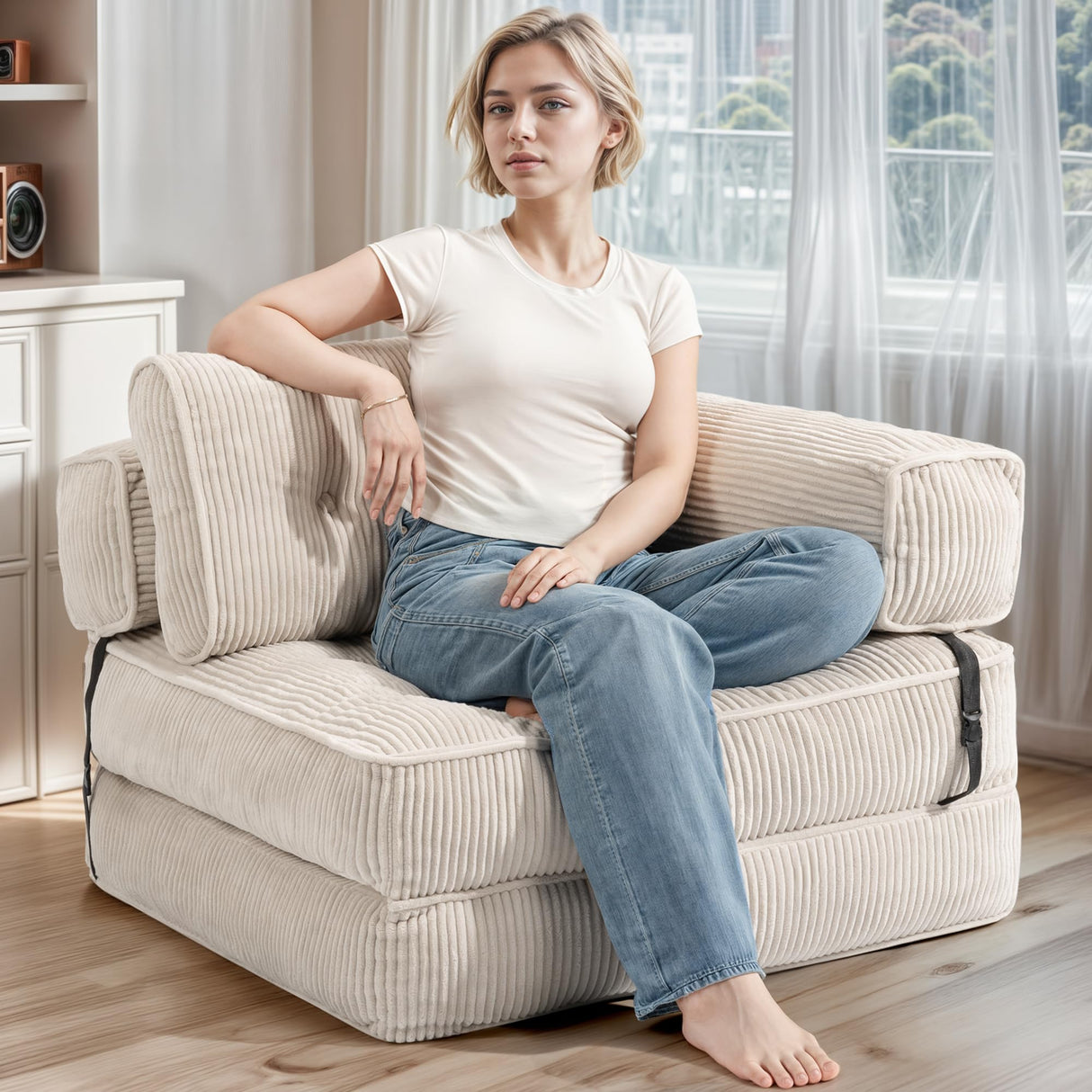 Airynee Convertible Folding Sofa Bed, L- Shaped Sleeper Chair Bed with Armrest and Pillow, Fold Out Sleeper Sofa, Comfortable Floor Couch for Small Spaces/Living Room/Bedroom, Single, Beige Airynee