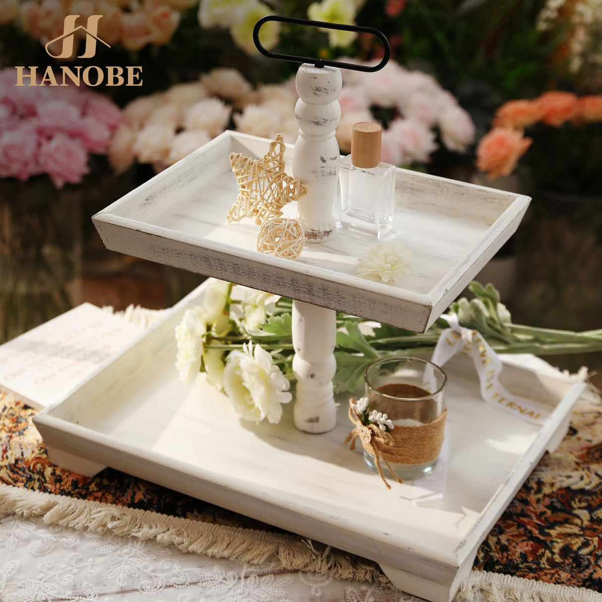Hanobe Farmhouse Tiered Tray Stand: Rustic White Wood 2 Tier Serving Tray Decor Two Rectangle Wooden for Kitchen Counter Centerpieces Coffee Bar Easter Fall Halloween Thanksgiving Christma Hanobe
