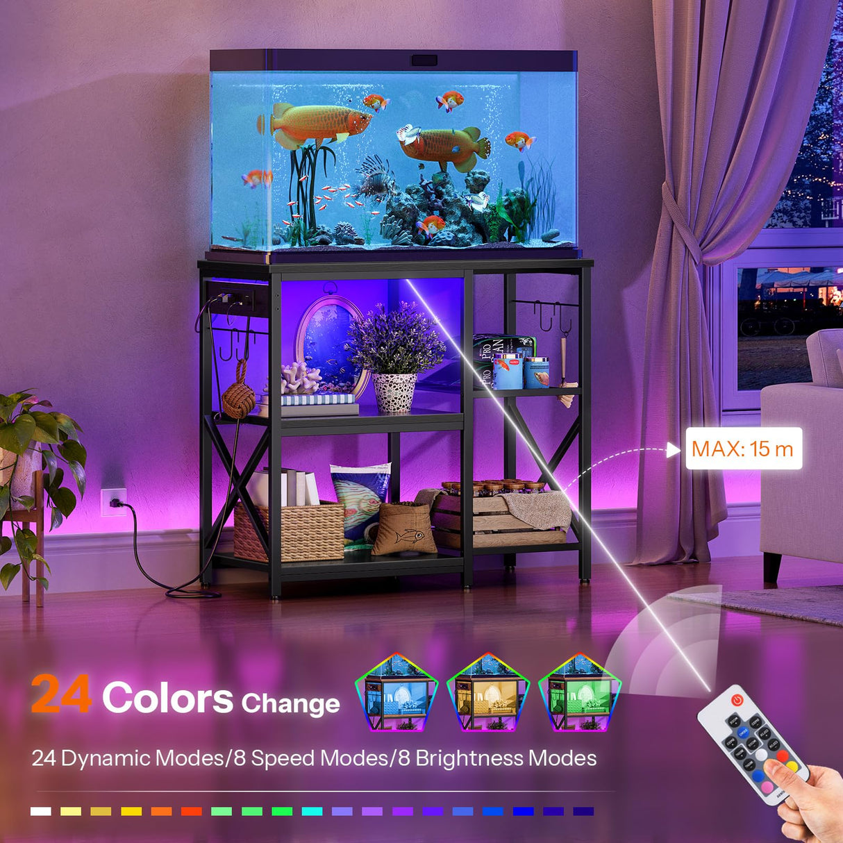 HOOBRO 20-29-37 Gallon Fish Tank Stand with Power Outlets and LED Light, Aquarium Stand with Storage Shelves, 35.4" L x 15.7" W, Reptile Tank Stand with Stable Metal Frame, Black BK80UDFT01 HOOBRO