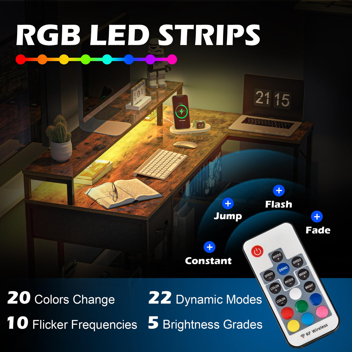 SUPERJARE L Shaped Gaming Desk with LED Lights & Power Outlets, Reversible Computer Desk with Shelves & Drawer, Corner Desk Home Office Desk, Rustic Brown, 7035ZC SUPERJARE