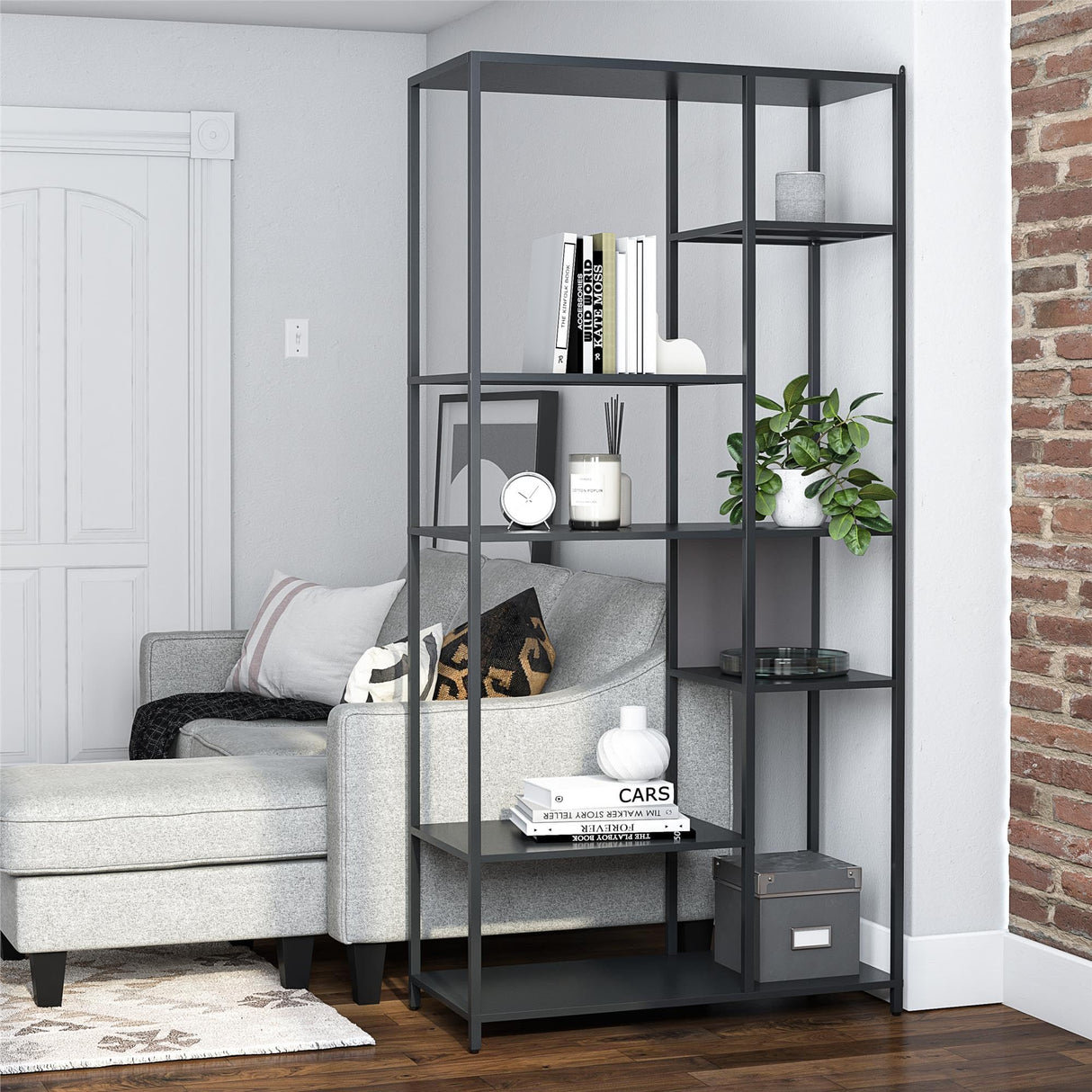 REALROOMS Shadwick 6-Shelf Metal Bookcase Room Divider for Living Room or Bedroom, Black REALROOMS