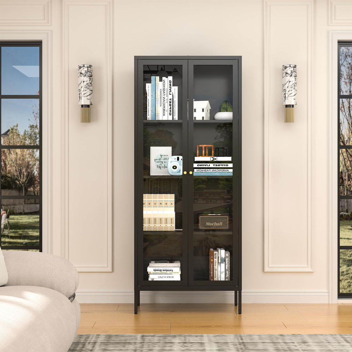 Polup Display Cabinet with 3 Side Tempered Glass, 66" Tall Curio Cabinet with Doors, Black Display Case for Collectibles, Figures, Metal Storage Cabinet for Living Room, Home Office, Assemble Required Polup