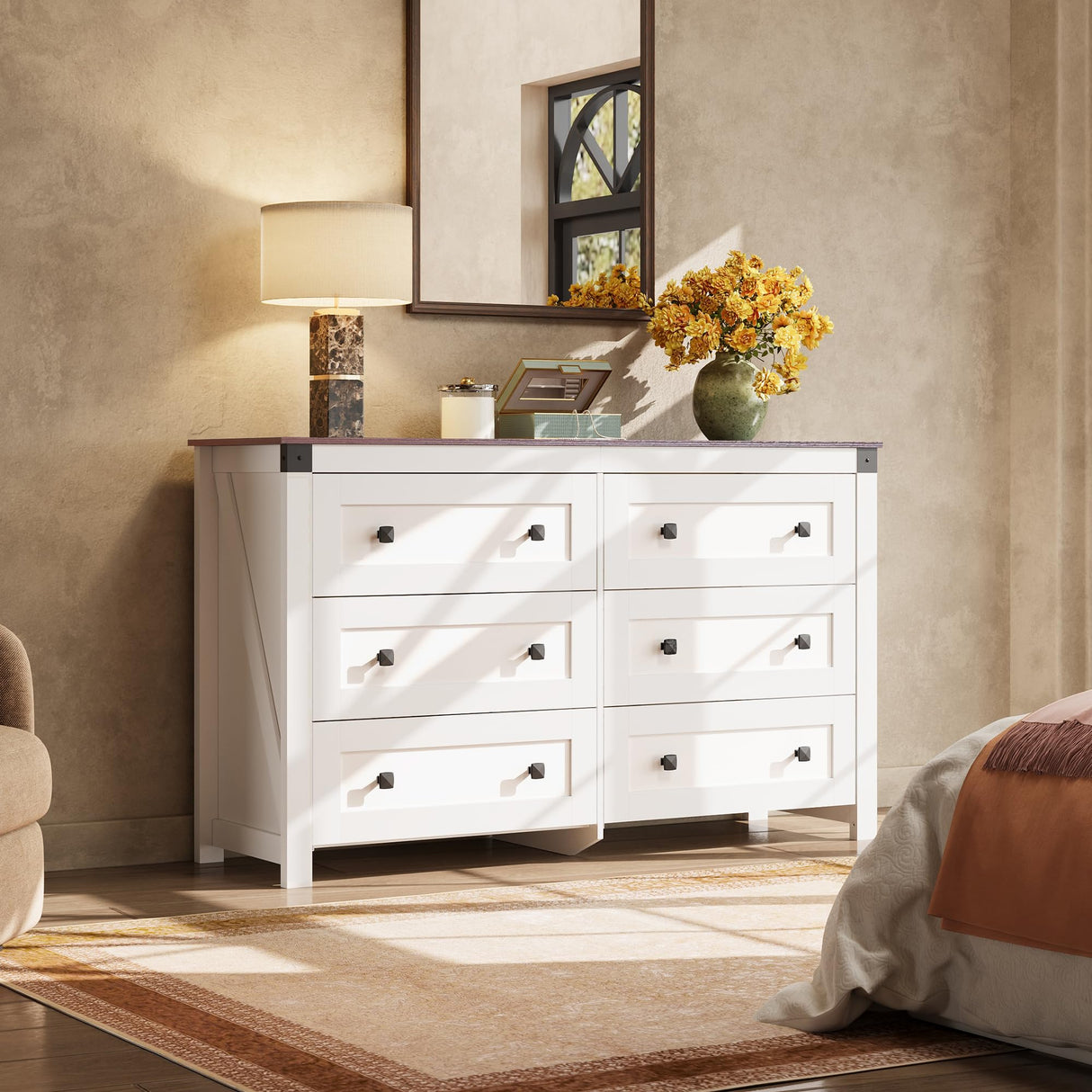 WLIVE Farmhouse 6 Drawer Dresser for Bedroom, 53.07'' Wide Wood Dresser, White Dressers Storage Organizer with Double Rustic Handle, TV Stand for 60 inch TV, Chest of Drawers for Living Room, Hallway WLIVE