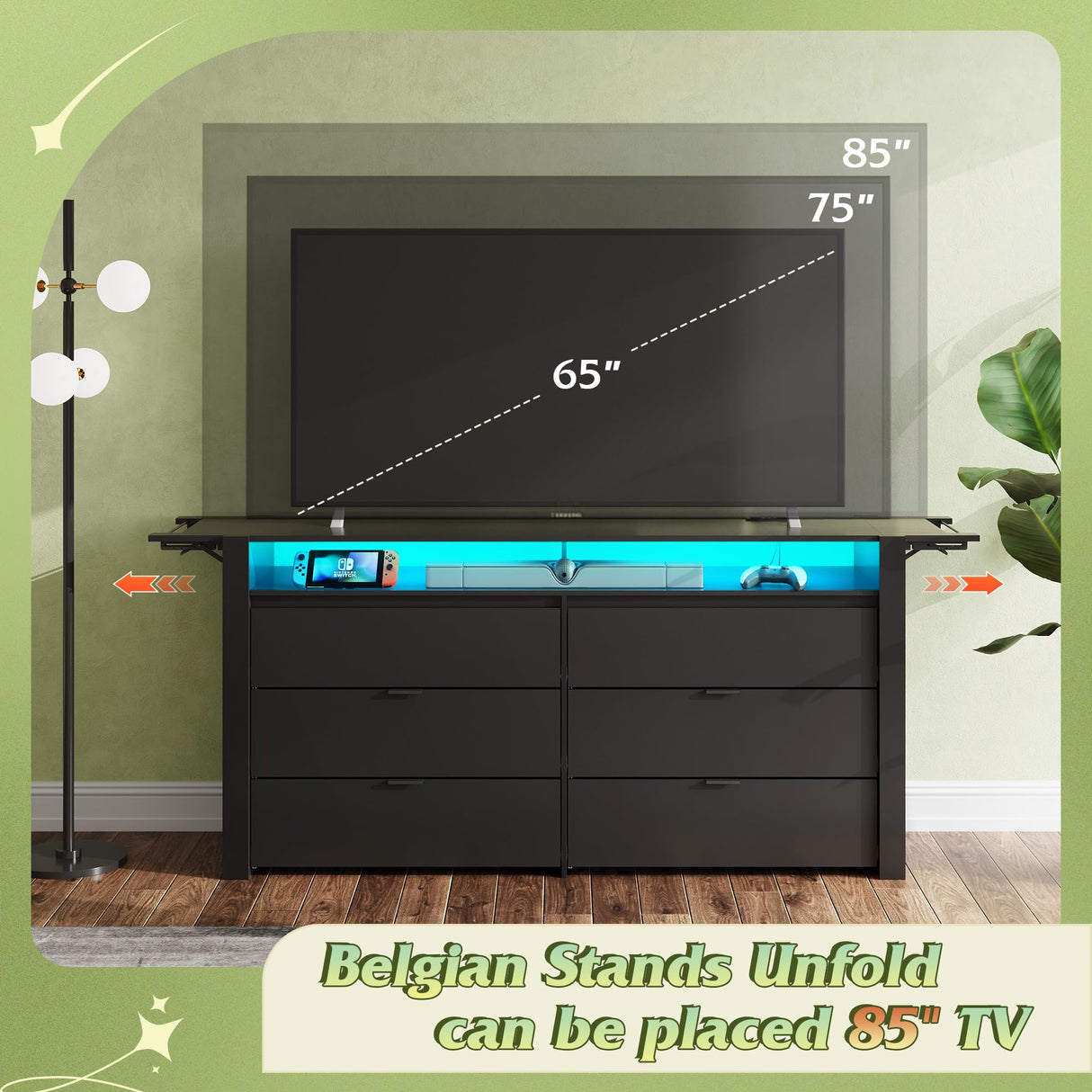 WLIVE 78 Inch Dresser for Bedroom, Large Chest of Drawers Expandable Black Wood Dresser from 5'3" to 6'5'' with Flexible Shelves and Hanging Rack, Led Dressers for Living Room (85'' TV) WLIVE