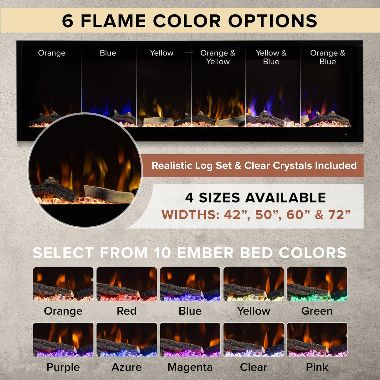 Modern Ember Aerus 72 Inch Smart Linear Electric Fireplace - Recessed in-Wall and Wall-Mount, Multiple Flame Colors, Compatible with Alexa and Google Assistant, Black Modern Ember