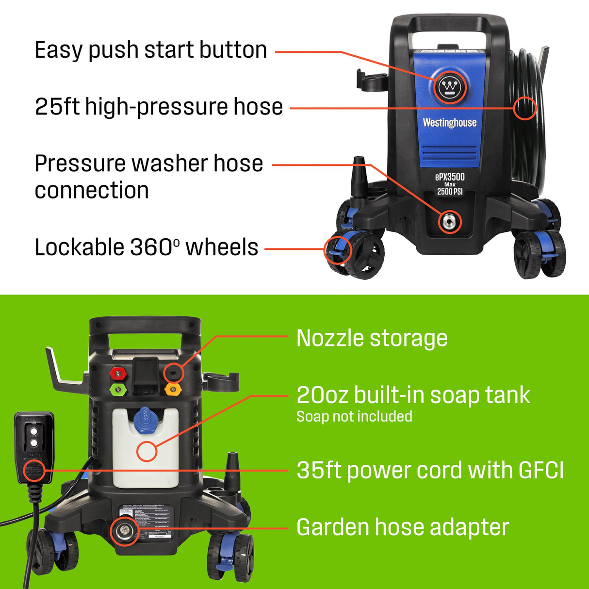 Westinghouse ePX3500 Electric Pressure Washer, 2500 Max PSI 1.76 Max GPM with Anti-Tipping Technology, Onboard Soap Tank, Pro-Style Steel Wand, 5-Nozzle Set, for Cars/Fences/Driveways/Home/Patios Westinghouse