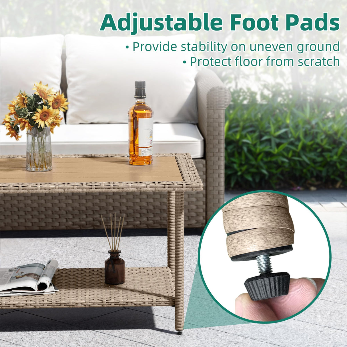 YITAHOME Outdoor Wicker Coffee Table with 2-Layer, 39.4" Rectangle Outside Side Table with Faux Wood Top, All-Weather Rattan Patio Bistro Table for Garden Backyard Porch - Brown YITAHOME