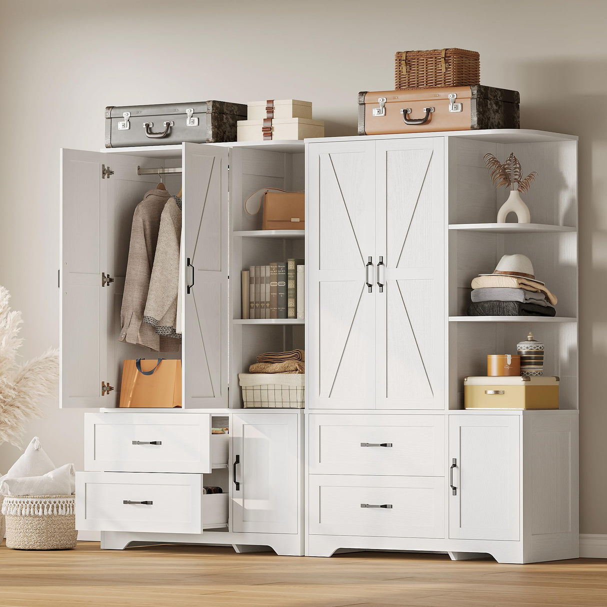 LIKIMIO Armoire Wardrobe Closet 70" H, Bedroom Wooden Wardrobe with 3 Doors 2 Drawers, Modern Clothing Storage Cabinet Combination with Storage Shelves and Hanging Rail, White LIKIMIO