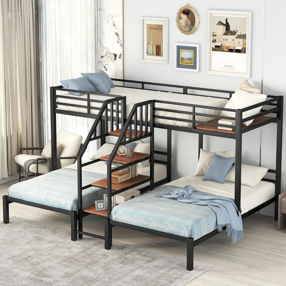 Harper & Bright Designs Metal Triple Bunk Bed with Stairs, 3 Beds Bunk Bed, Twin Over Twin & Twin Bunk Bed with Storage Shelves Staircase, for Kids Teens Adults, Black Harper & Bright Designs