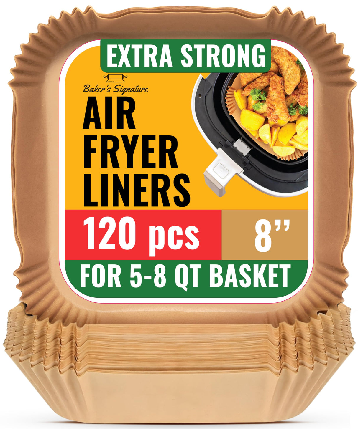 Air Fryer Paper Liners, 120Pcs Air Fryer Disposable Liners, Non-Stick and Oil Proof for Easy Cleanup, 8” Square for 5-8 qt Basket by Baker's Signature Baker's Signature