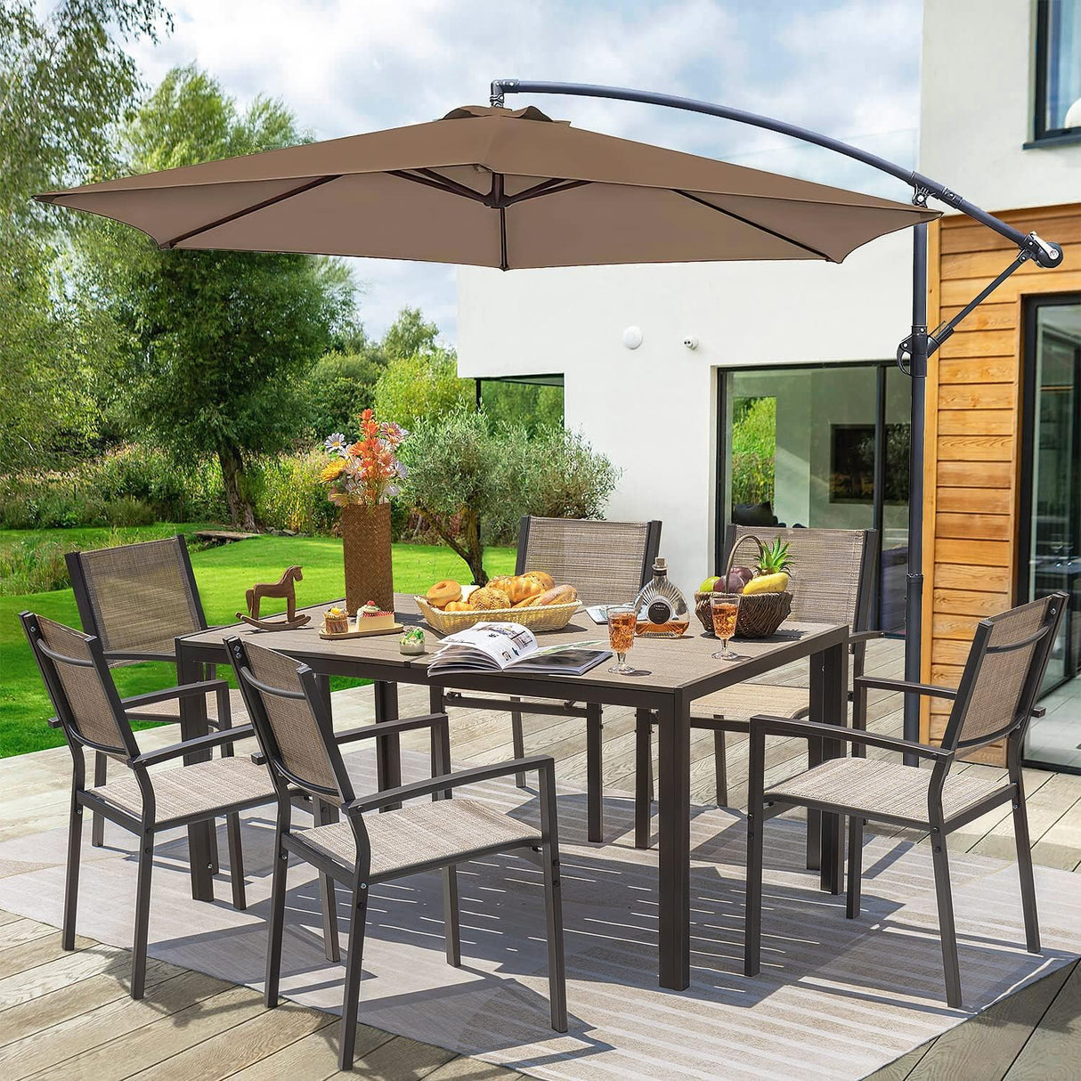 Homall Patio Dining Set 7 Pieces Outdoor Furniture with Large Table and 6 Textilene Chairs for Porch, Brown Homall