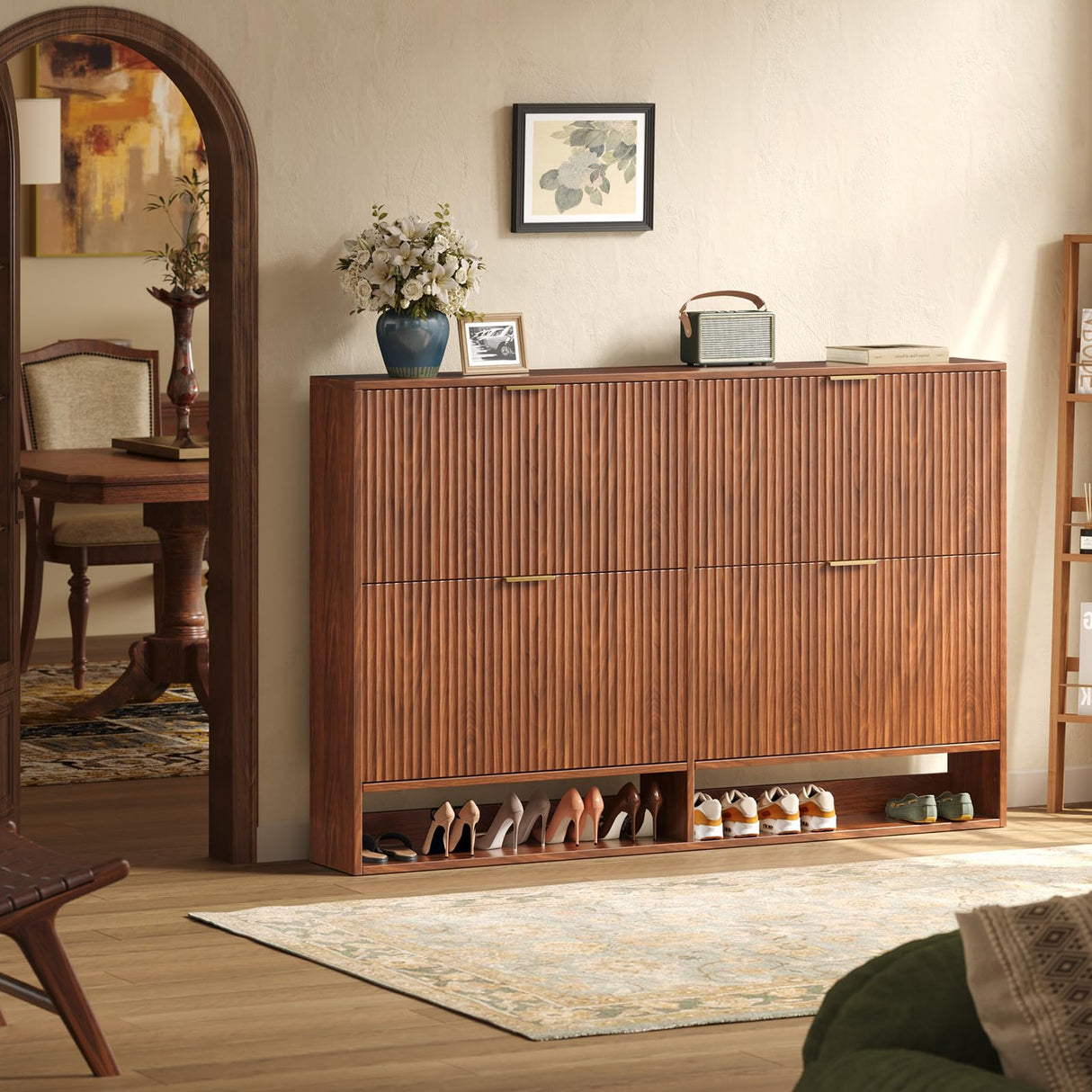 Hootata 47.2''W Walnut Shoe Storage Cabinet for Entryway with 4 Flip Drawers, Fluted Slim Shoe Cabinet, Free Standing Wooden Shoes Organizer for Foyer, Hallway Hootata