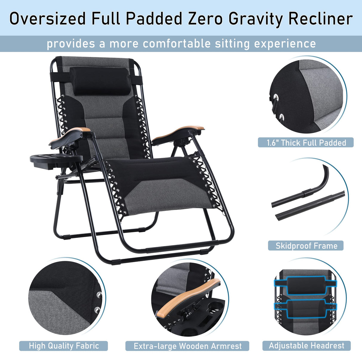 PHI VILLA XXL Oversized Padded Zero Gravity Chair, Foldable Patio Recliner, 30" Wide Seat Anti Gravity Lounger with Cup Holder, Support 400 LBS (Black) PHI VILLA
