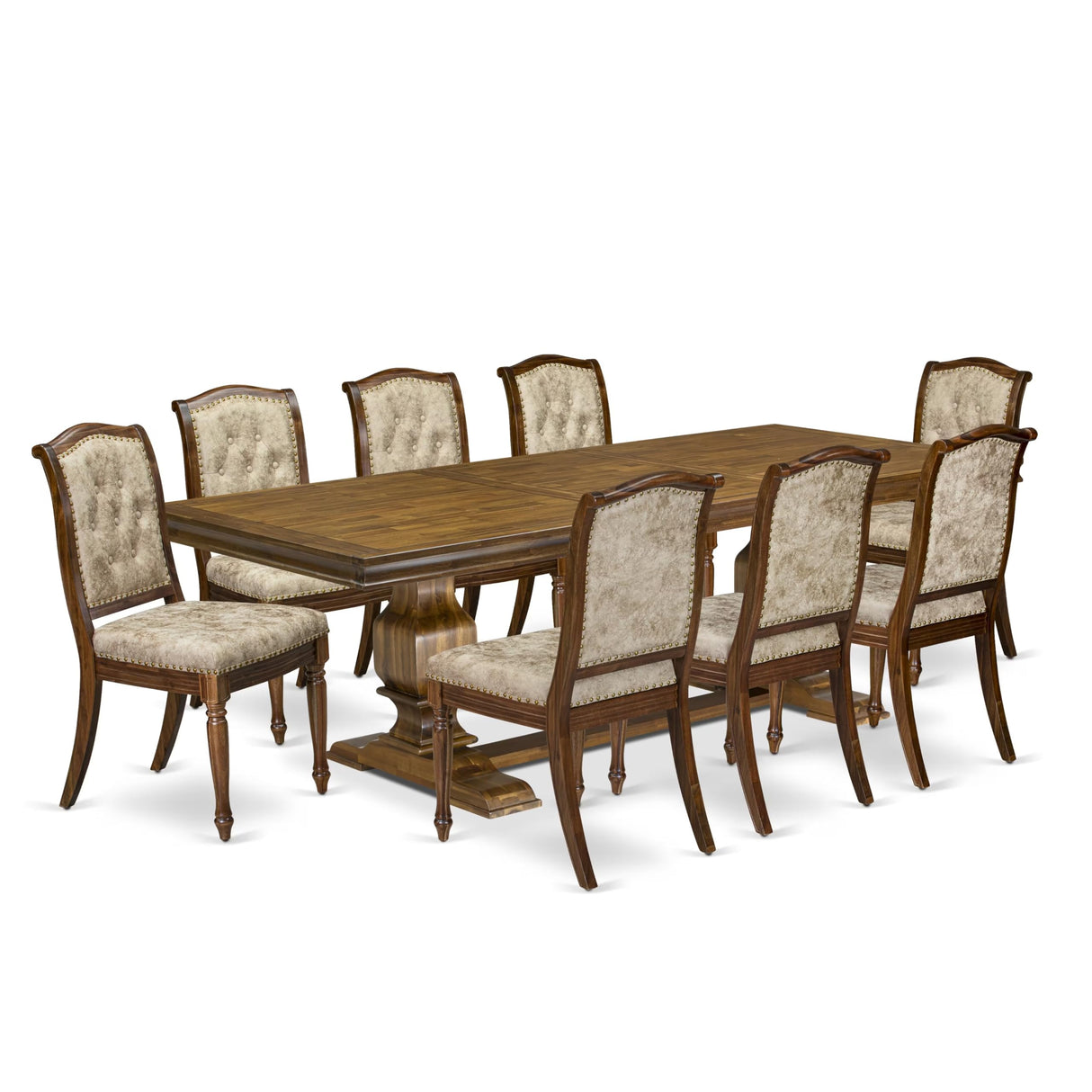 Luxe by East West Furniture NKMA9-AWA-36 9 Pieces Dining Room Set Includes a Rectangular Kitchen Table and 8 Light Beige Polyester Fabric Modern Dining Chairs, Antique Walnut Finish Luxe by East West Furniture