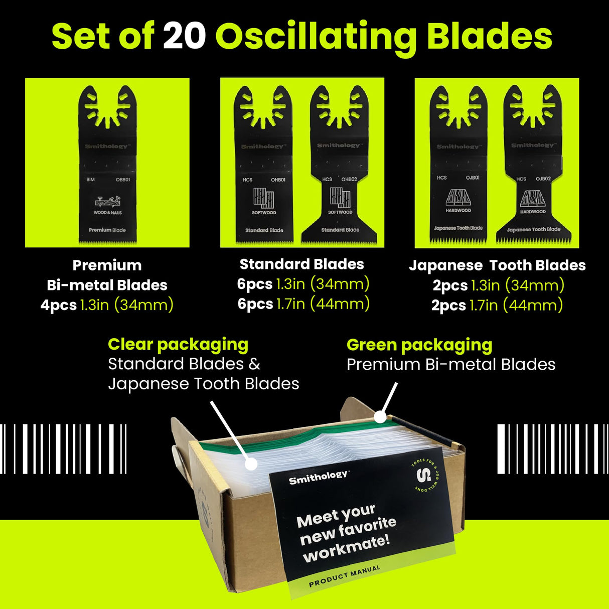 Smithology 20PCS Universal Metal/Wood Oscillating Saw Blades Combo Pack – 4 Bi-Metal Blades, 12 Standard Blades, 4 Japanese Tooth Blades Smithology