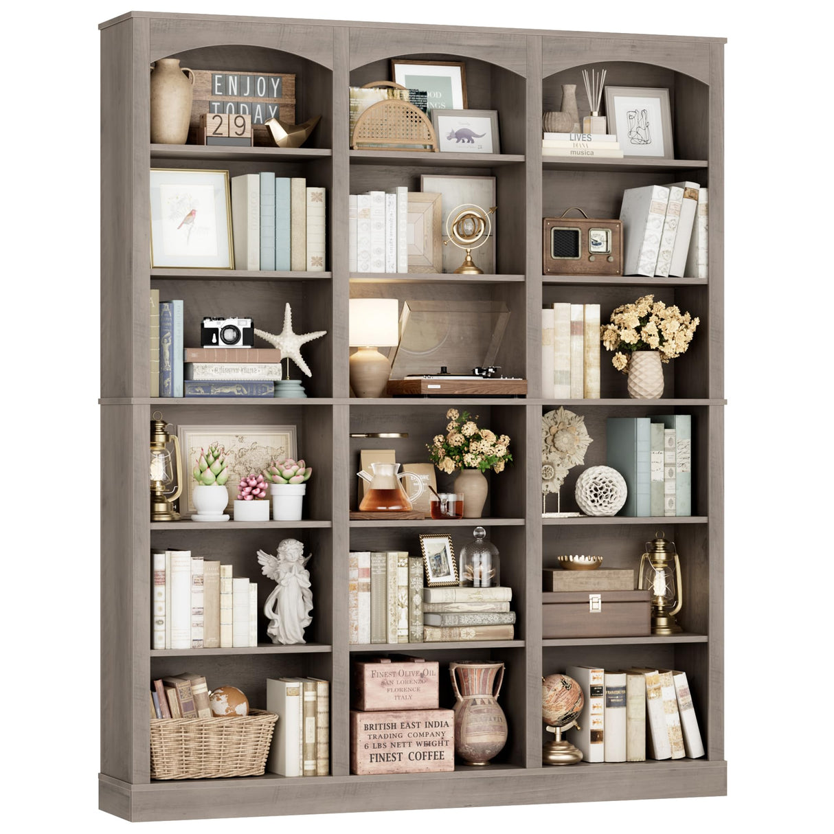 FACBOTALL 71" Triple Wide Bookshelf, 6 Tier Tall Bookshelf, Large Bookcase with Curved Baffle, 63.4" Wide Book Shelf with 18 Open Display Shelves for Living Room, Study, Gray FACBOTALL