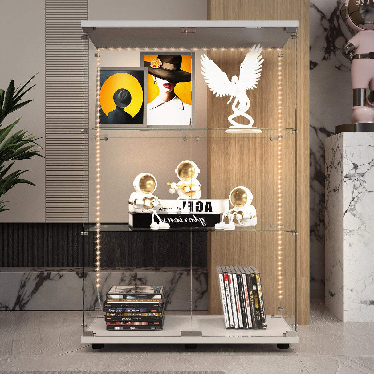 Maxtude 49.17" Tall Tempered Glass Display Cabinet with LED Lights, Curio Cabinet with 3 Shelves with 2 Door, Quick-Install Style Floor Standing Bookshelf File Cabinet for Living Room Office Maxtude