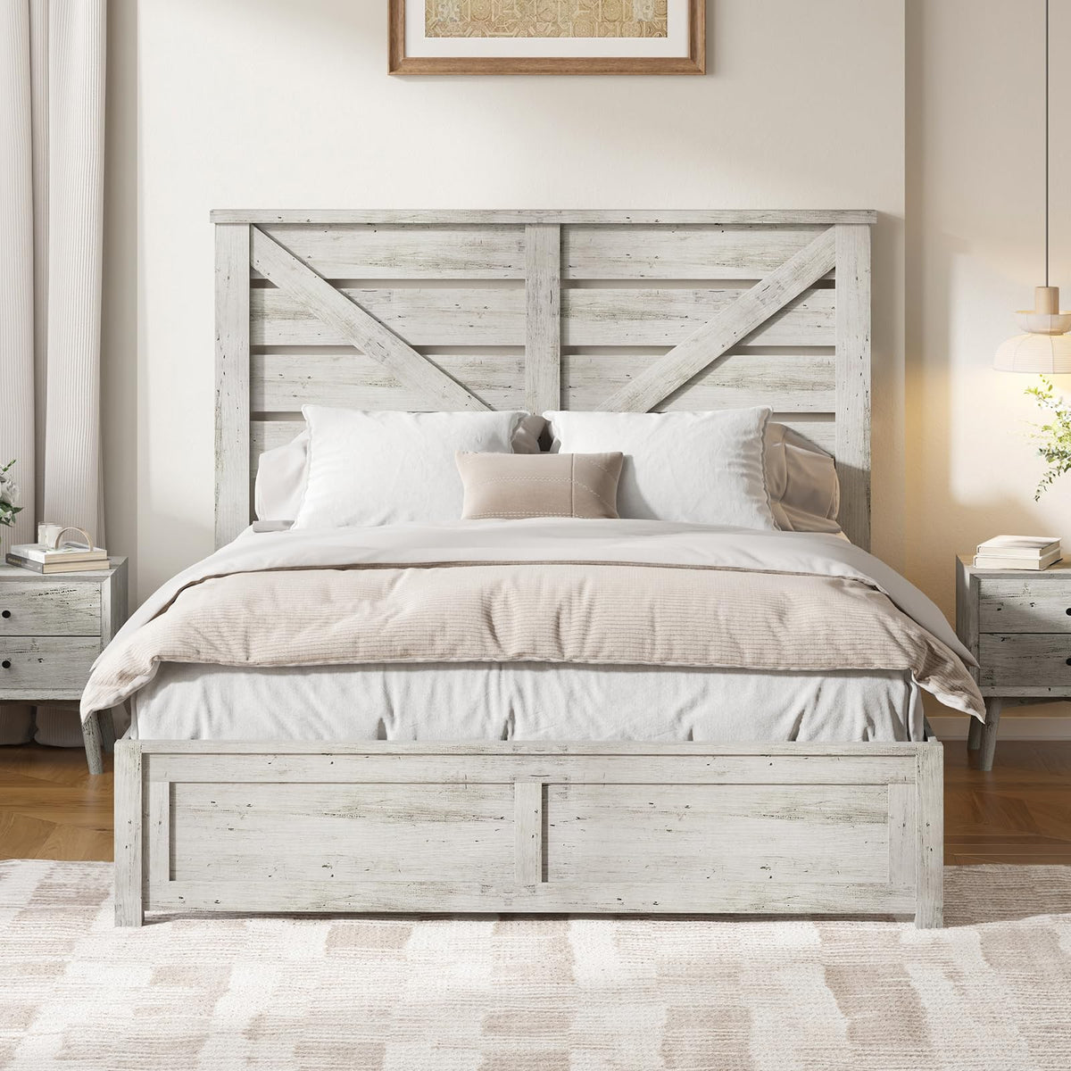 LUXOAK Full Size Farmhouse Wooden Bed Frame, Platform Bed Frame with 4 ...