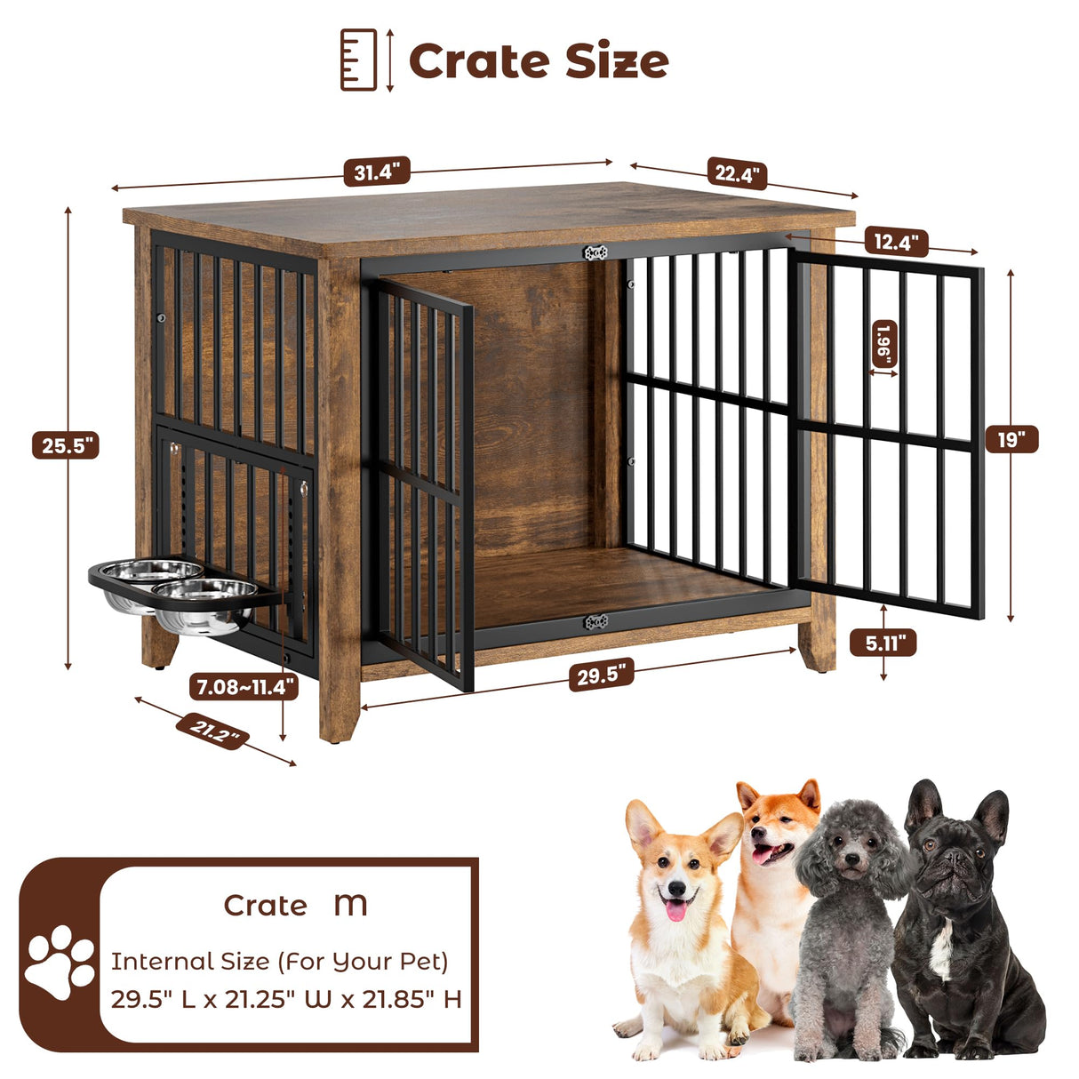 Lulive Dog Crate Furniture, Wooden Dog Kennel Indoor with Adjustable 360°& Height Dog Bowls, Double Doors Furniture Dog Crates End Table for Small/Medium 31.5" L*22.5" W*25.6" H, Brown Lulive