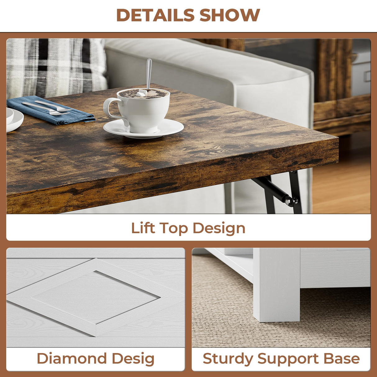 IRONCK Lift Top Coffee Table with Storage, Square Coffee Tables for Living Room with Charging Station and Drawers, Farmhouse Coffee Table with Large Storage Space, White IRONCK