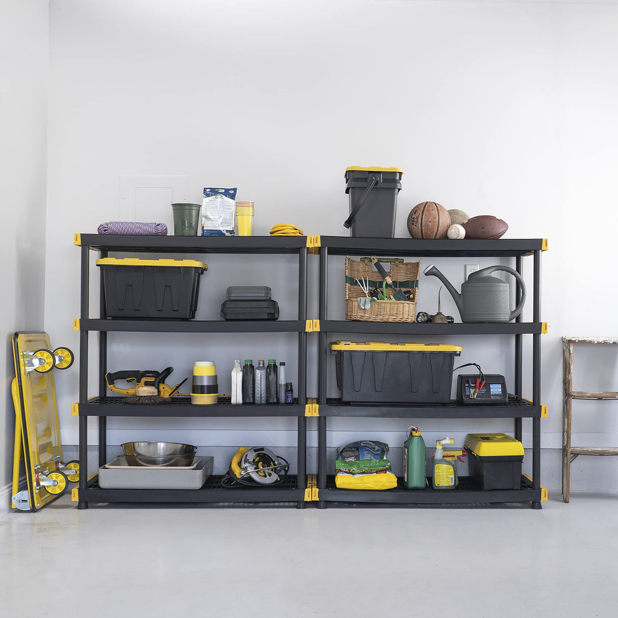 CX Black & Yellow®, Shelving Unit and Heavy Duty Storage Containers, Extremely Durable® (Shelf + 27 Gallon Container (8-Pack) CX