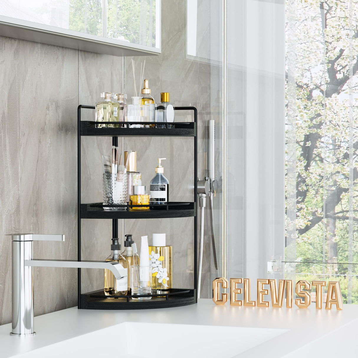 CeleVista Corner Bathroom Counter Organizer, 3 Tier Bathroom Sink Shelf Countertop, Wood Vanity Skincare Storage for Toiletries Decor, Makeup, Dresser(Black) CeleVista