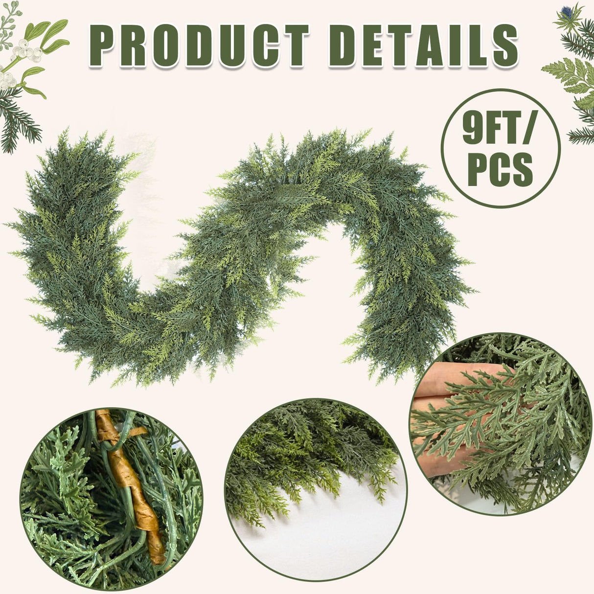 9 Ft Christmas Cedar Garland, Realistic Faux Pine Garlands, Green Artificial Greenery Garland for Winter Home, Mantle, Fireplace, Indoor, Outdoor Christmas Decorations (1Pcs) KIWDY