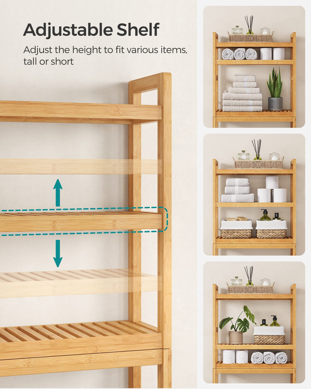 SONGMICS Over The Toilet Storage, 3-Tier Bamboo Over Toilet Bathroom Organizer with Adjustable Shelf, Fit Most Toilets, Space-Saving, Easy Assembly, Natural UBTS001N01 SONGMICS