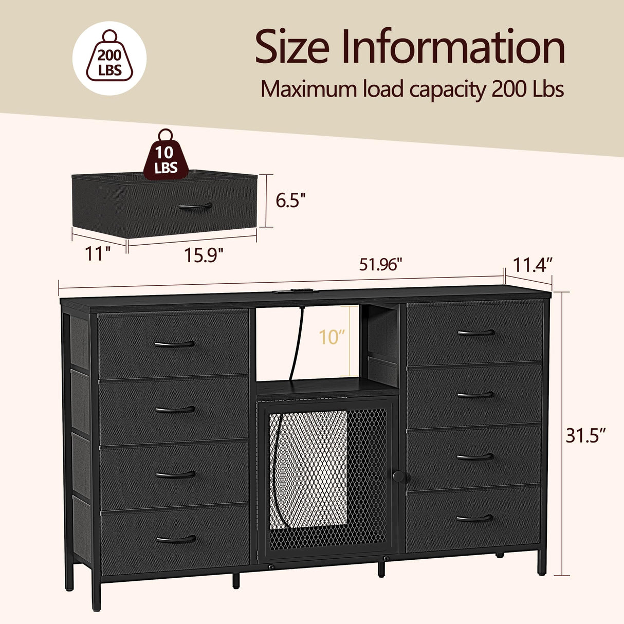 Dresser TV Stand for Bedroom for 65 inch TV with LED Lights and Charging Station, Fabric Chest of Drawers, 8 Fabric Drawers, Wood Top, Living Room, Closet Black Decofy