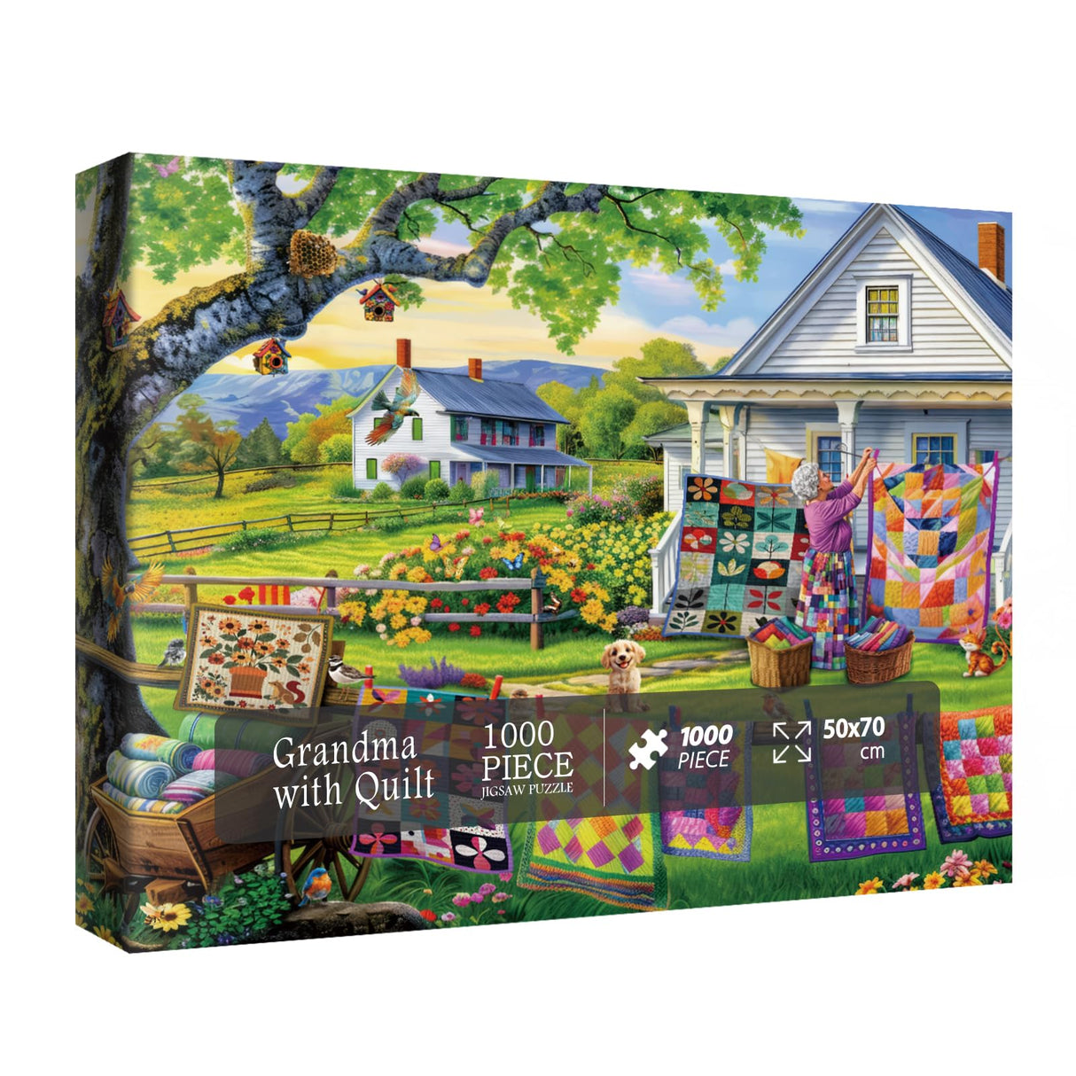 Colorful Quilts Puzzles for Adults 1000 Pieces, Cozy Grandma Garden Jigsaw Puzzles, Pretty Cat Flower Puzzles BBOLDIN