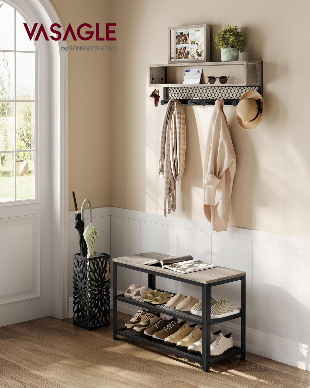 VASAGLE Coat Rack Shoe Bench Set, Hall Tree with Bench, Entryway Furniture, Multifunctional, Dot Coat Hooks, 2-Tier Shoe Rack, Industrial Style, for Entryway, Hallway, Heather Greige ULCR073K02 VASAGLE