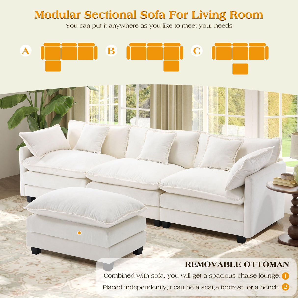 113.4" Modular Sectional Sofa,L Shaped Couch for Living Room,Modern Deep Seat Sofa 3 Seater Chenille Fabric Comfy Cloud Couches with Throw Pillows & Movable Ottoman Hanherry