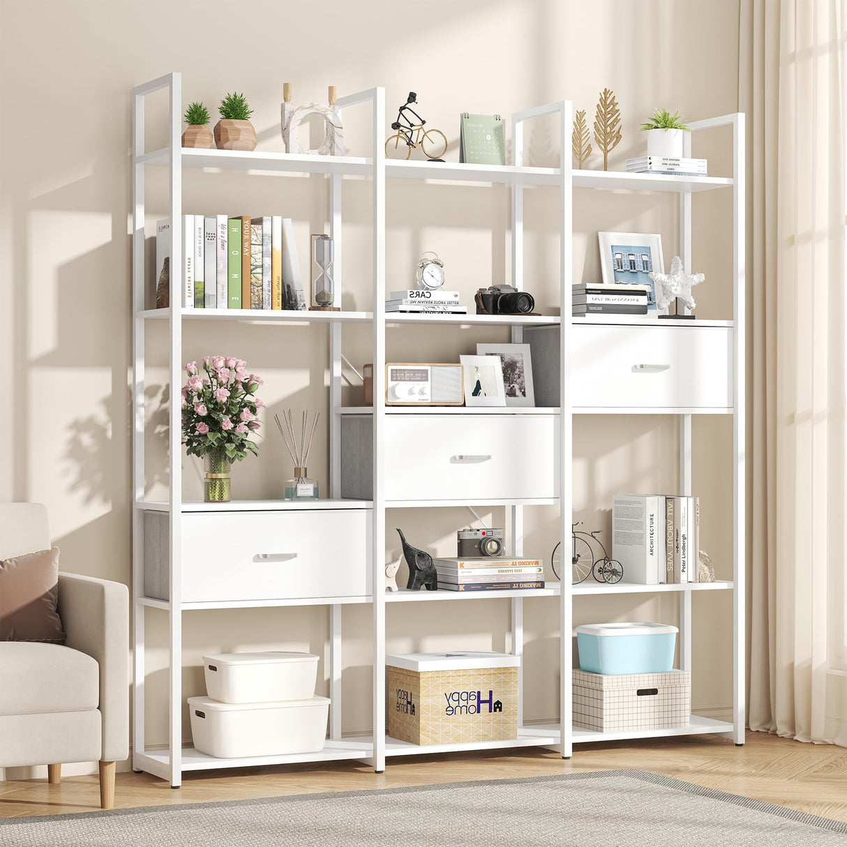 Nosepen 73.6" Tall Bookshelf with 3 Drawers and 16 Storage Shelves, Industrial Bookcase with 16 Open Display Shelves, Large Etagere Bookshelf, Triple Wide Book Shelf Book Case for Home & Office, White Nosepen