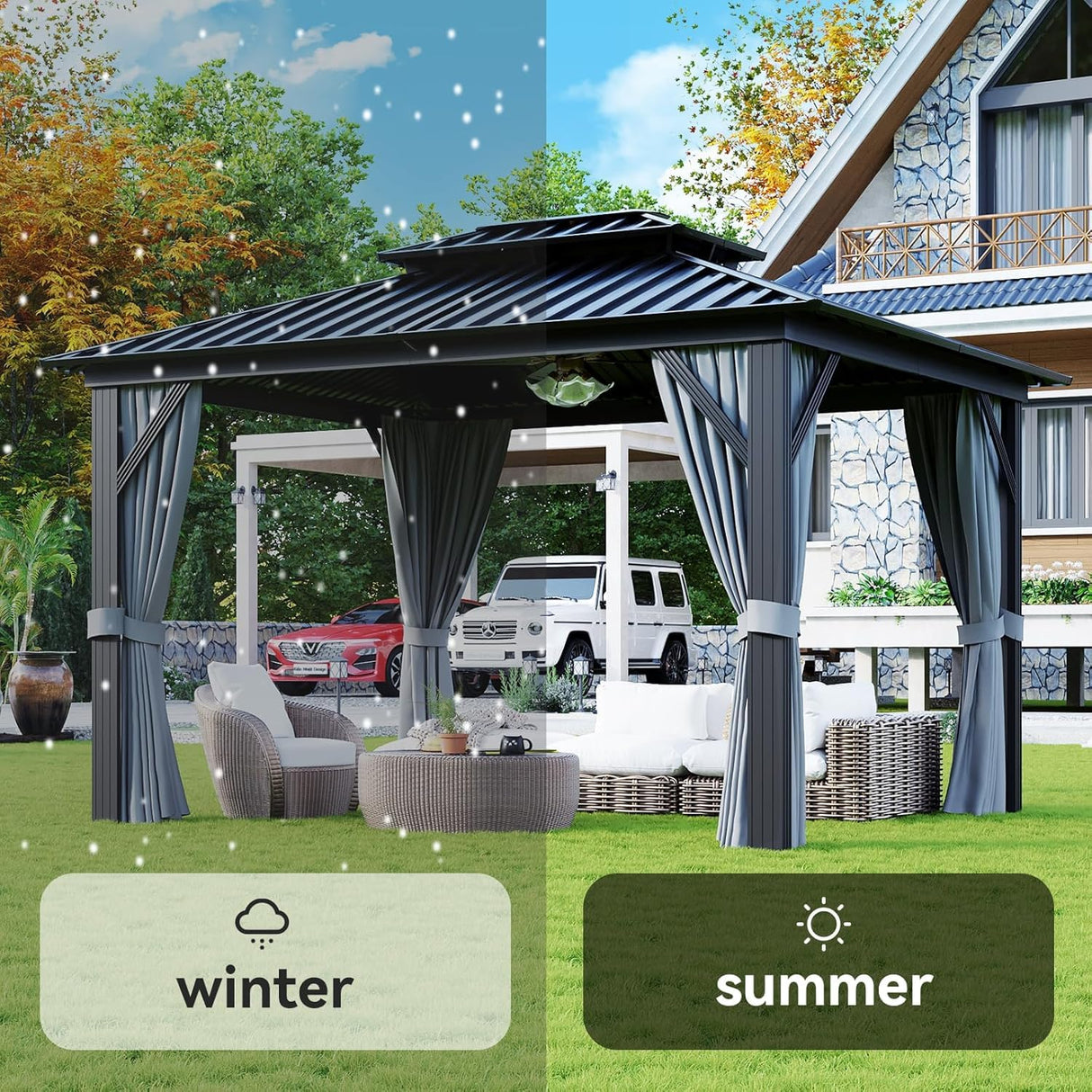 Aoxun Hardtop Gazebo 10x12, Aluminum Frame Canopy with Double Galvanized Steel Roof, Outdoor Gazebo with Breathable Netting and Privacy Curtain for Backyard Aoxun