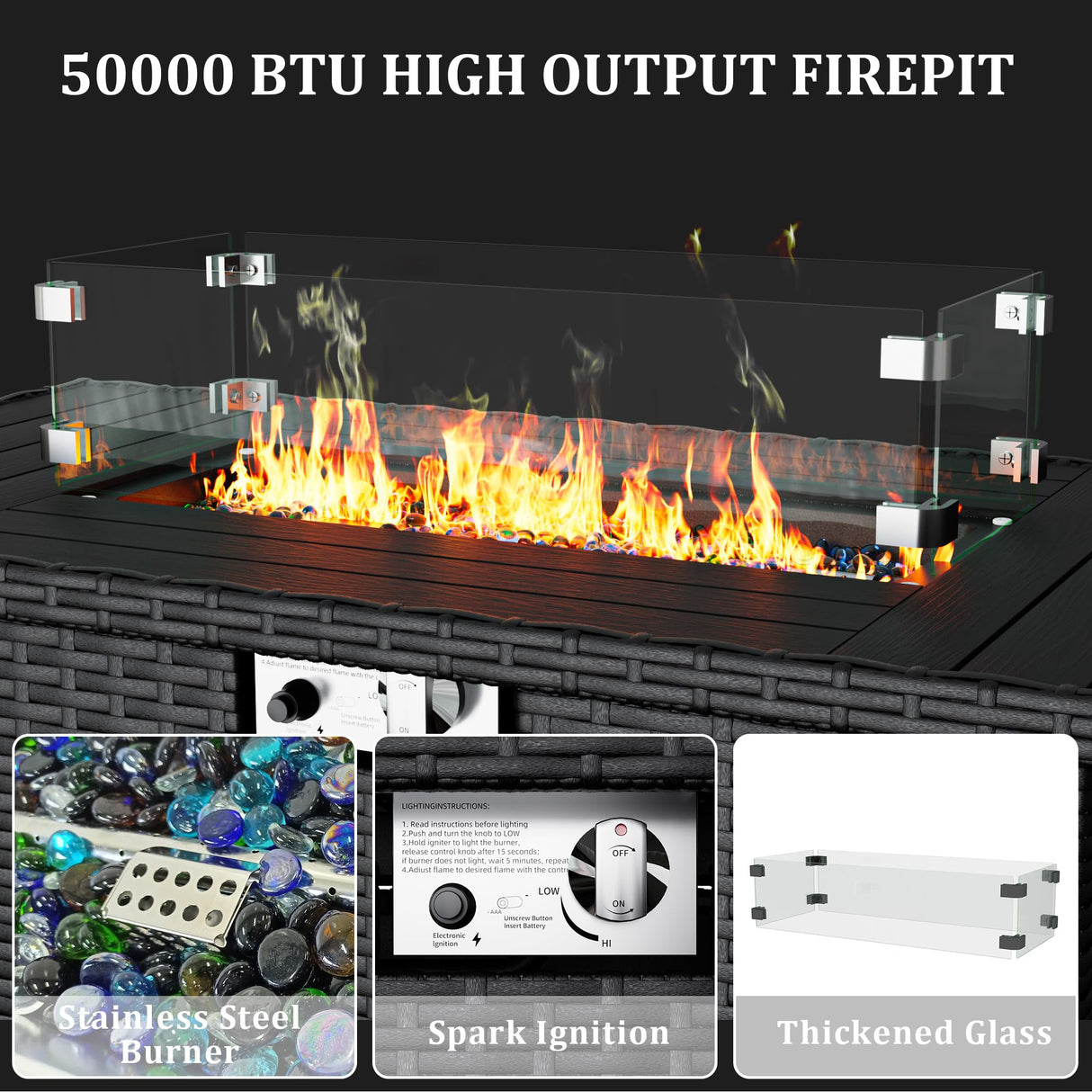 VONZOY 8 Pieces Outdoor Patio Furniture Set with 44" Fire Pit Table Black Rattan Sectional Conversation Sets w/Gas Fire Pit, Coffee Table, 2 Waterproof Covers, Navy Blue VONZOY