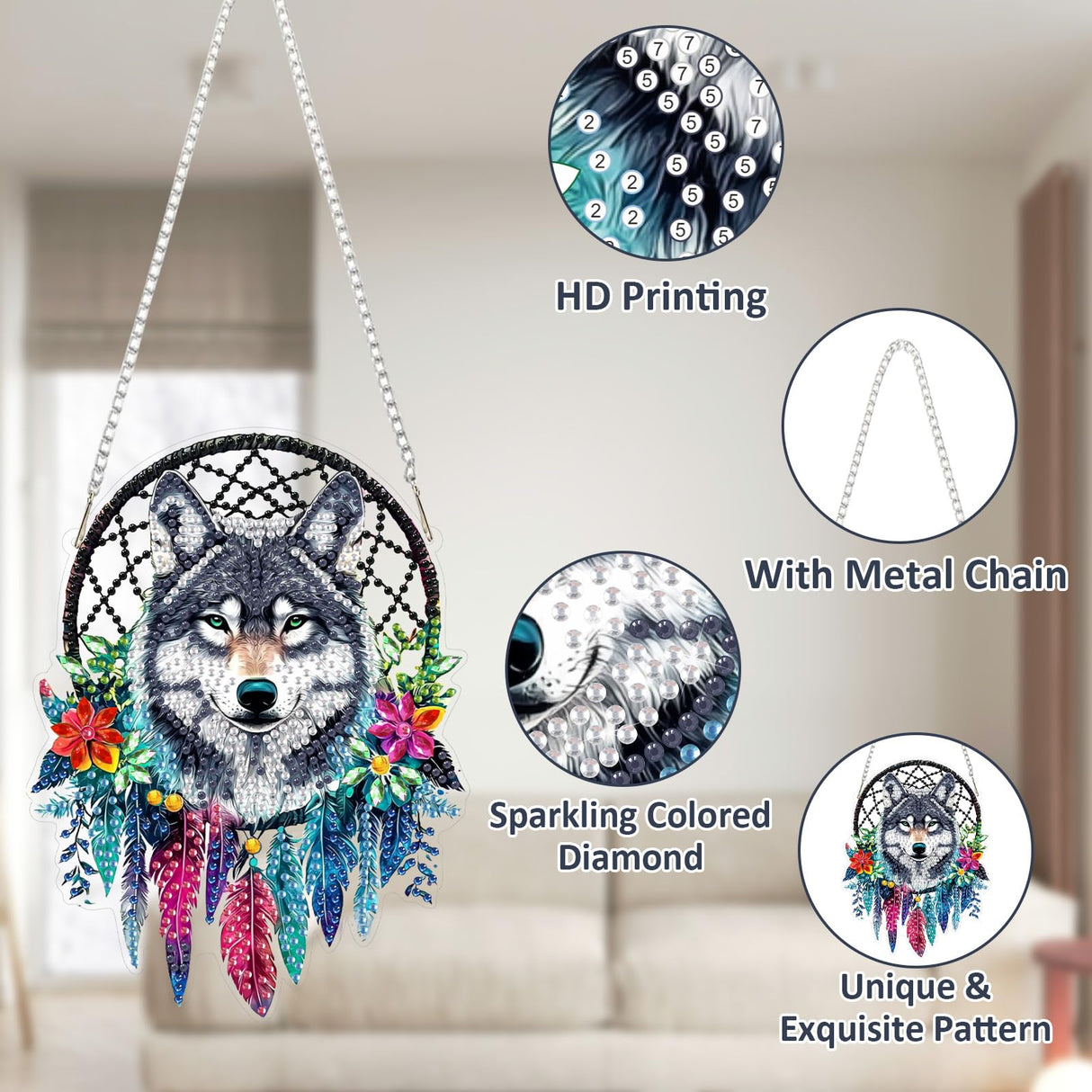 SENQAO Wolf Diamond Art Hanging Kit for Adult, Special Shaped Rhinestone, Double Sided DIY Acrylic Diamond Art Painting Window Pendants Home Garden Wall Hanging Kits Hanging Ornament (Dream Catcher) SENQAO