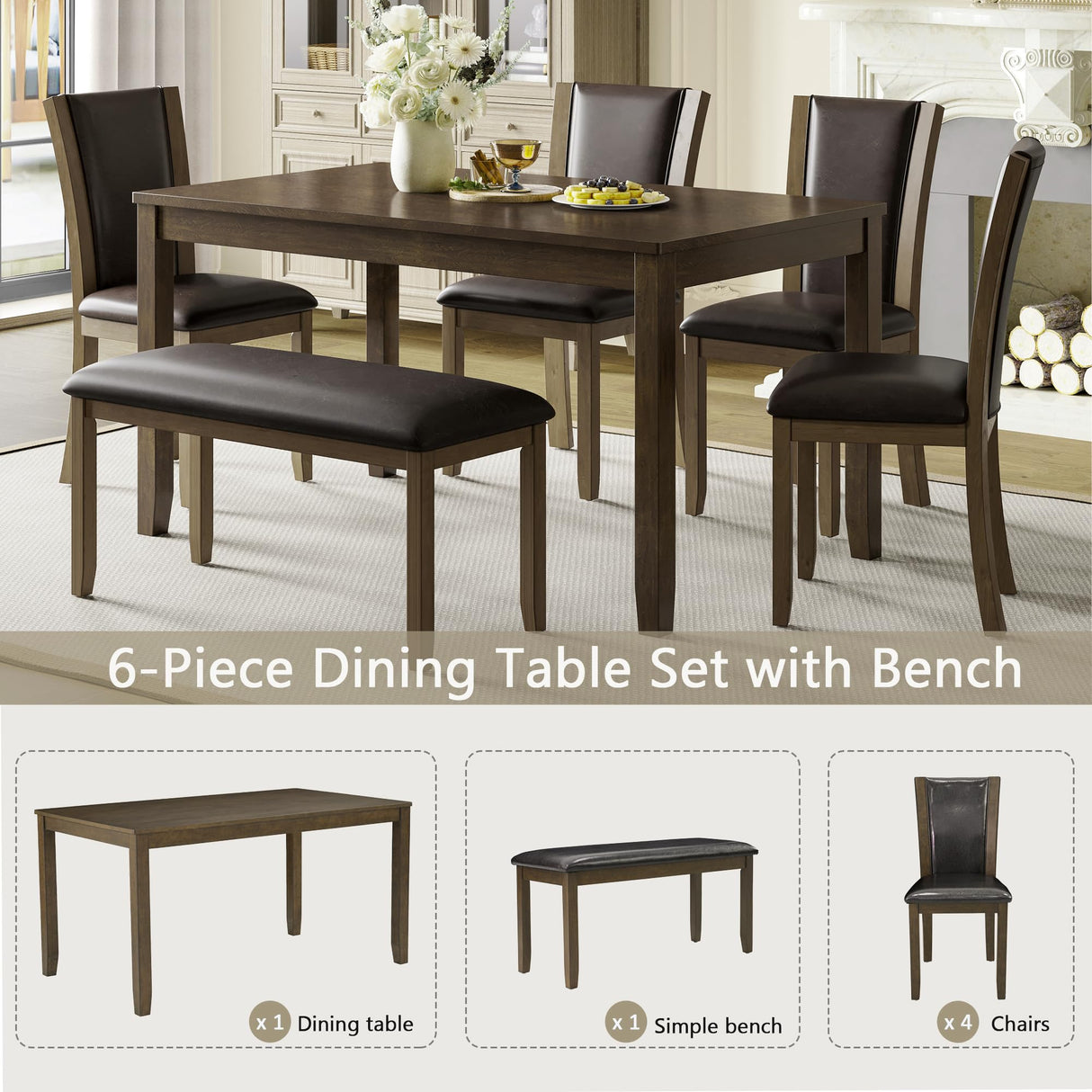 Augabam 6-Piece Dining Table Set with Bench and Chairs - Solid Wood Kitchen Dining Room Table Set in Farmhouse Rustic Style, Table Set for 6 with 4 Chairs and Bench Seat. (Dark Walnut) Augabam