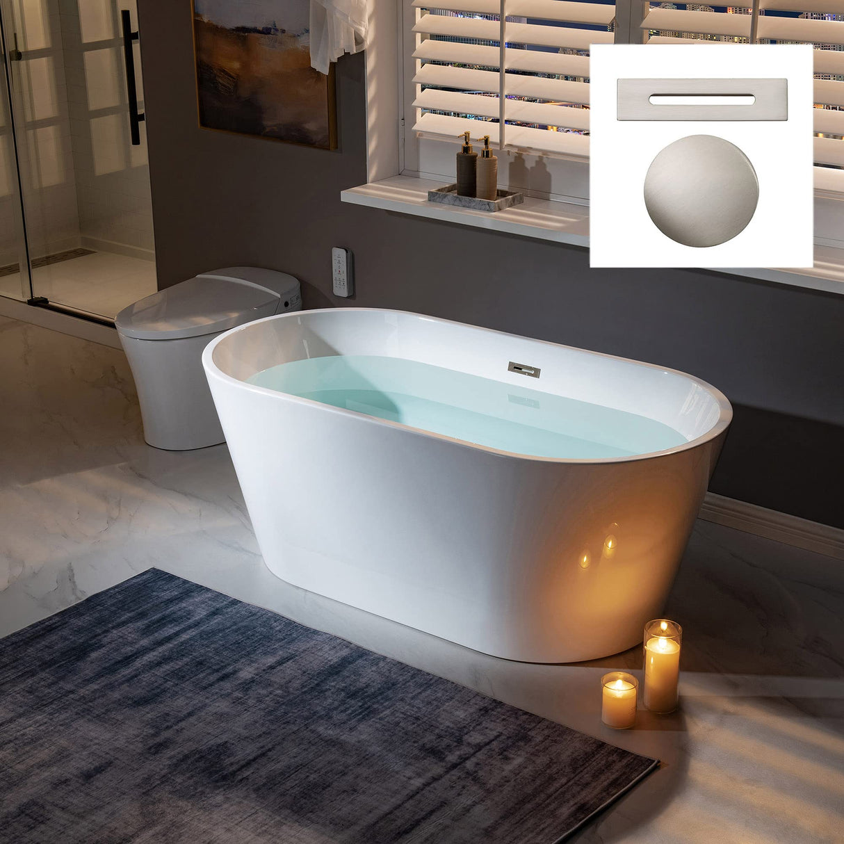 WOODBRIDGE 59" Acrylic Freestanding Bathtub Contemporary Soaking White Tub with Brushed Nickel Overflow and Drain,B0014 -B/N-Drain &O WOODBRIDGE